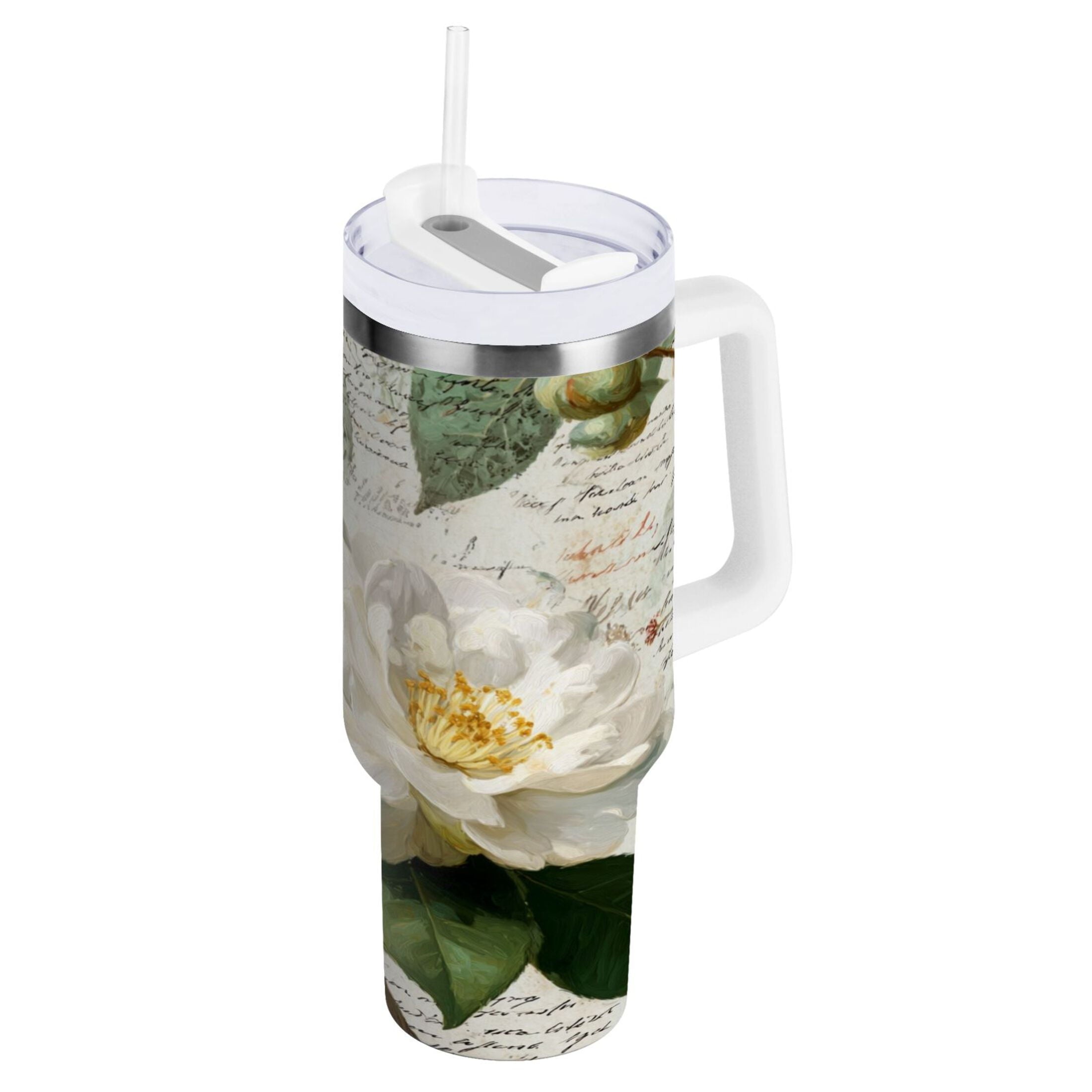 40 oz Insulated Stainless Steel Tumbler Double Wall Stainless Steel Tumbler with 2-Way Drinking Vintage White Camellias