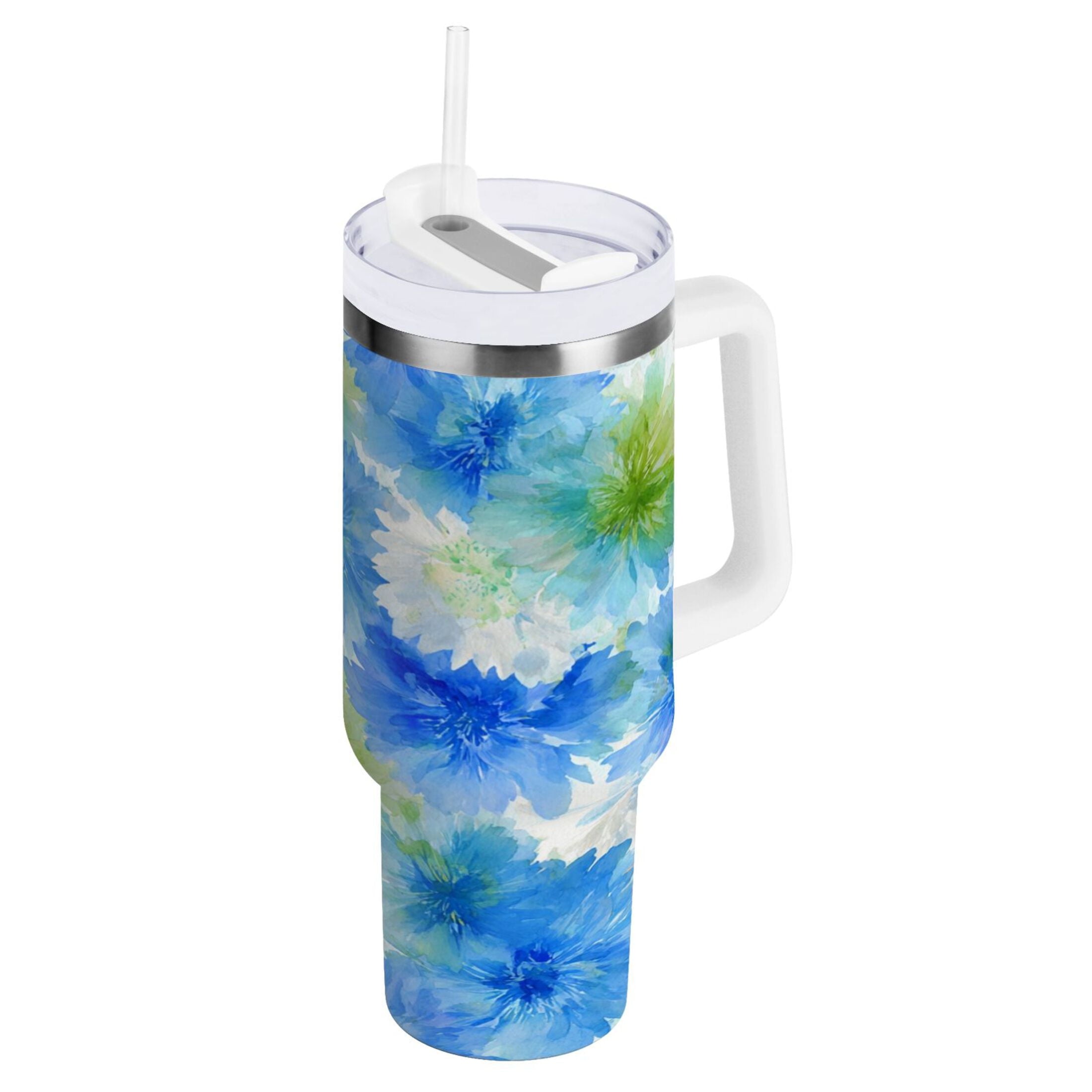 40 oz Insulated Stainless Steel Tumbler Double Wall Stainless Steel Tumbler with 2-Way Drinking Watercolor Blue Cornflowers