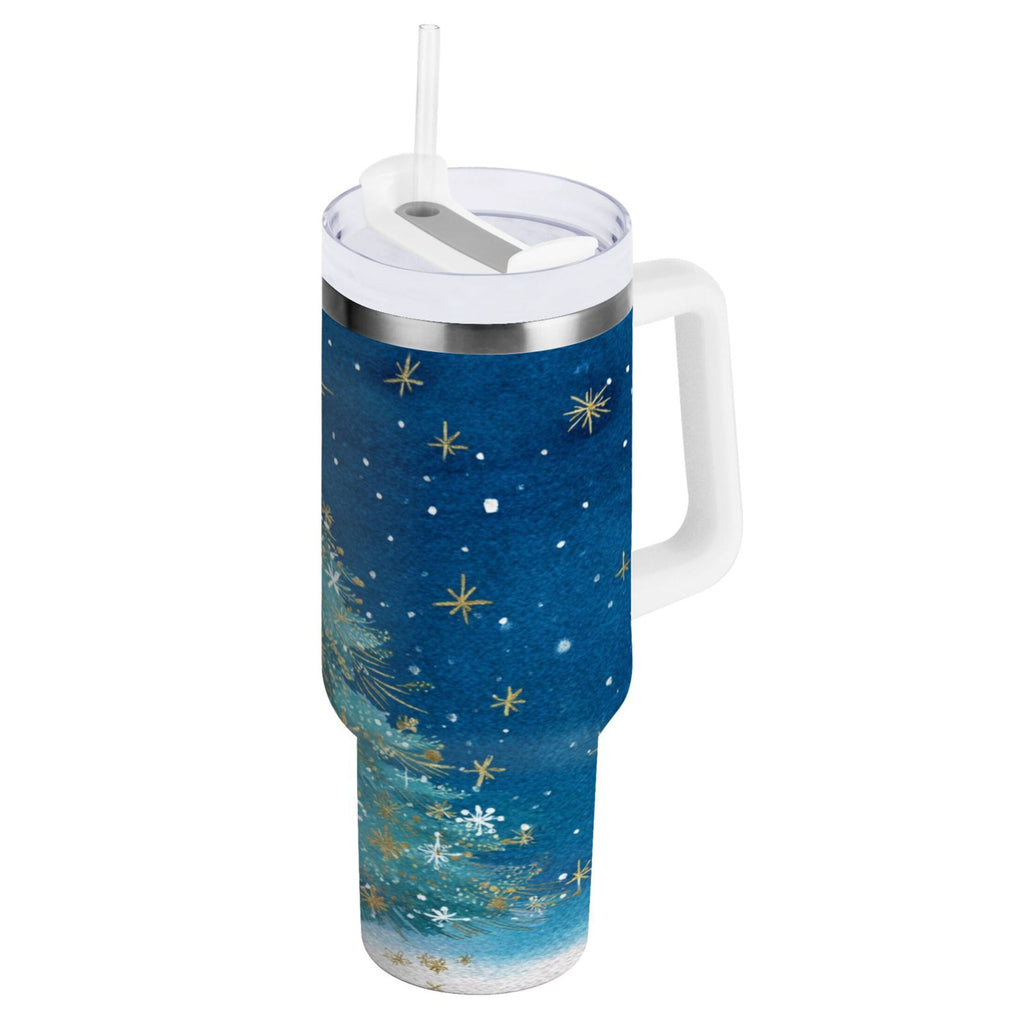 40 oz Insulated Stainless Steel Tumbler Double Wall Stainless Steel Tumbler with 2-Way Drinking Watercolor Christmas Tree