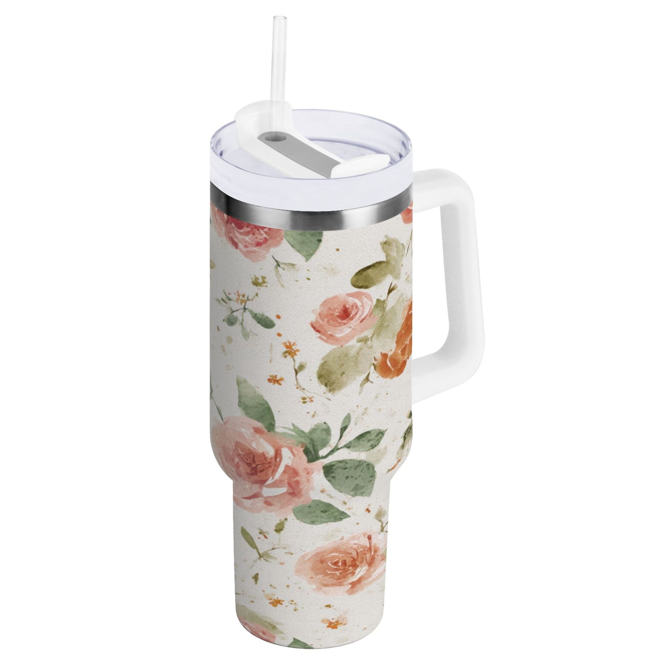 40 oz Insulated Stainless Steel Tumbler Double Wall Stainless Steel Tumbler with 2-Way Drinking Watercolor Rose Floral Pattern
