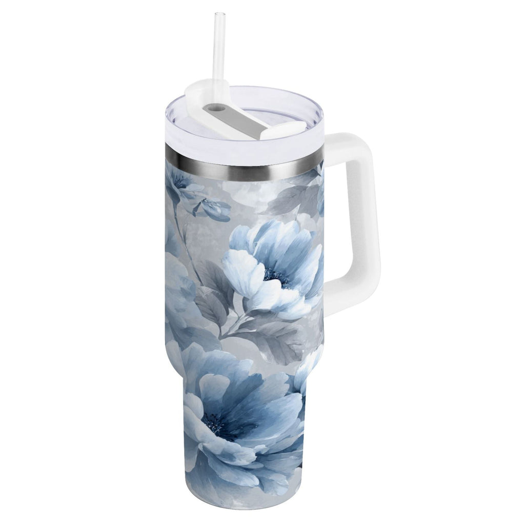 40 oz Insulated Stainless Steel Tumbler Double Wall Stainless Steel Tumbler with 2-Way Drinking White Floral Pattern