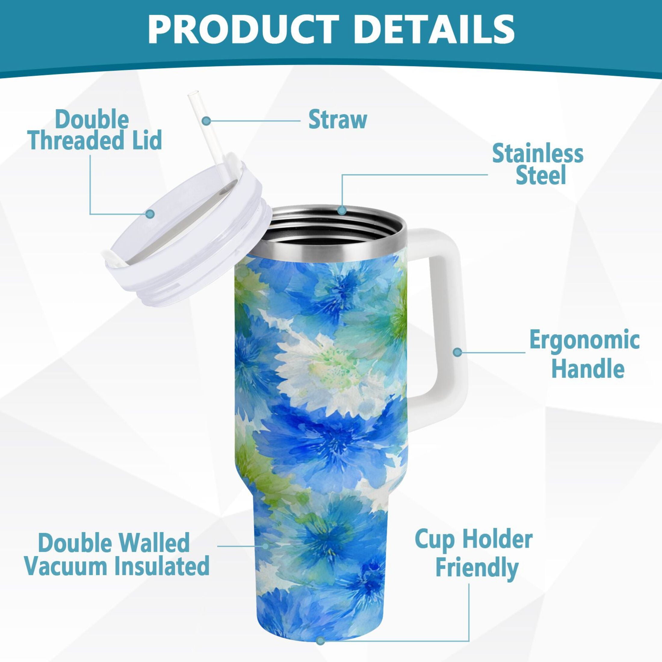 40 oz Insulated Stainless Steel Tumbler Double Wall Stainless Steel Tumbler with 2-Way Drinking Watercolor Blue Cornflowers