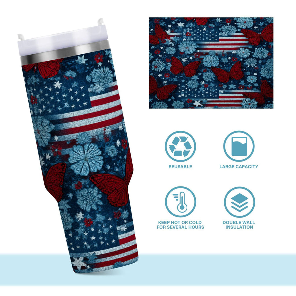 30 oz Insulated Stainless Steel Tumbler Double Wall Stainless Steel Tumbler with 2-Way Drinking Red Butterflies and Flags