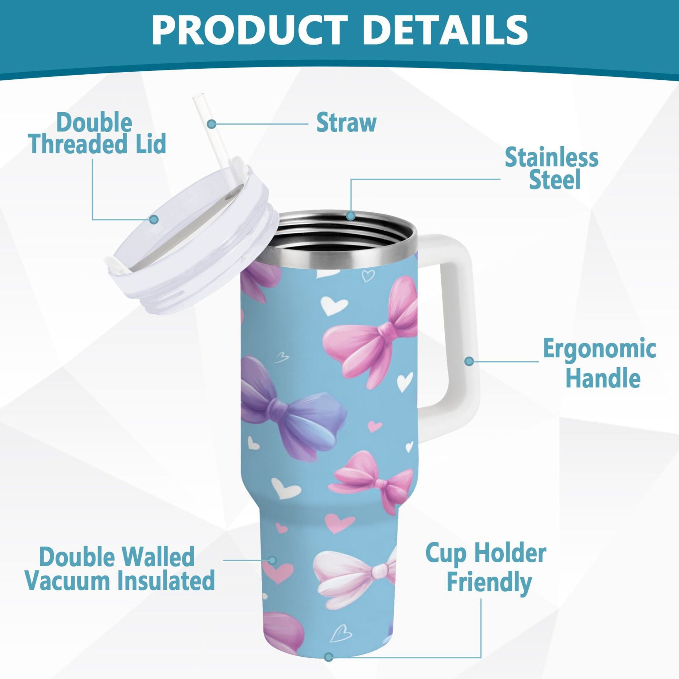 30 oz Insulated Stainless Steel Tumbler Double Wall Stainless Steel Tumbler with 2-Way Drinking Pink and Purple Bows