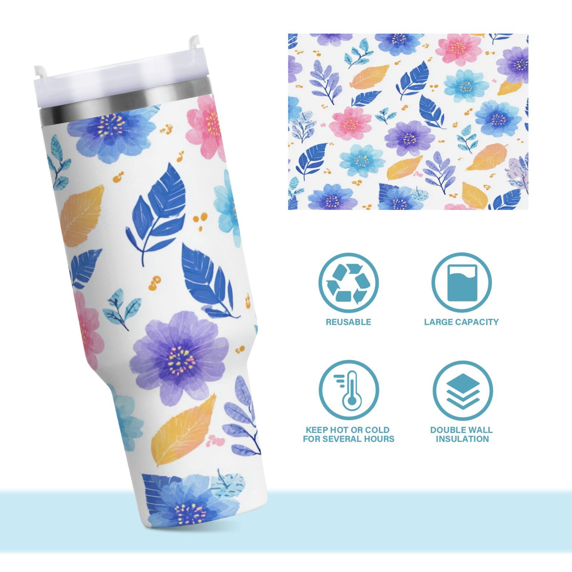 30 oz Insulated Stainless Steel Tumbler Double Wall Stainless Steel Tumbler with 2-Way Drinking Blue and Purple Flowers