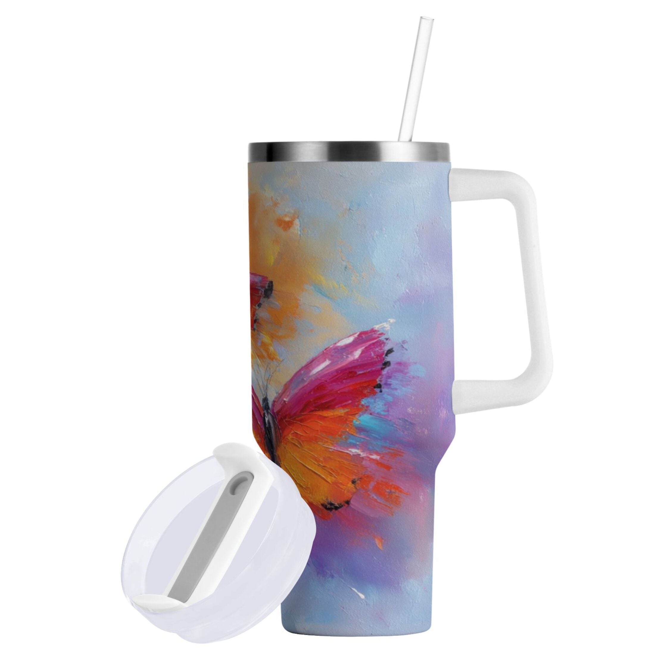 30 oz Insulated Stainless Steel Tumbler Double Wall Stainless Steel Tumbler with 2-Way Drinking Red and Orange Butterflies