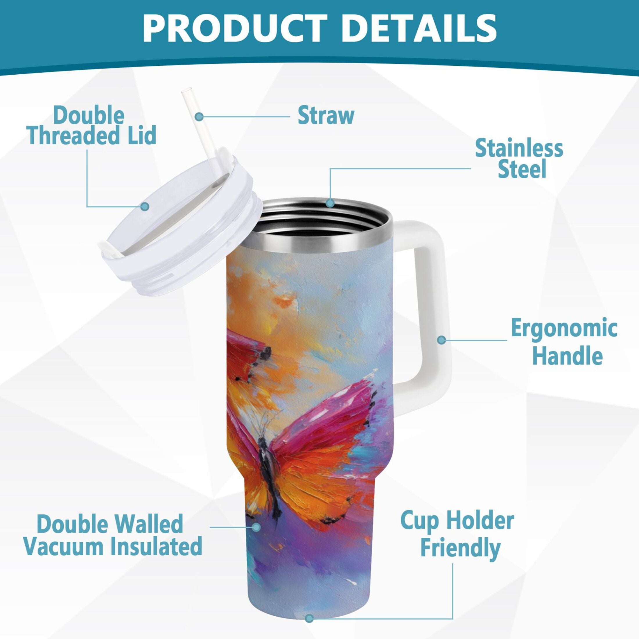 30 oz Insulated Stainless Steel Tumbler Double Wall Stainless Steel Tumbler with 2-Way Drinking Red and Orange Butterflies