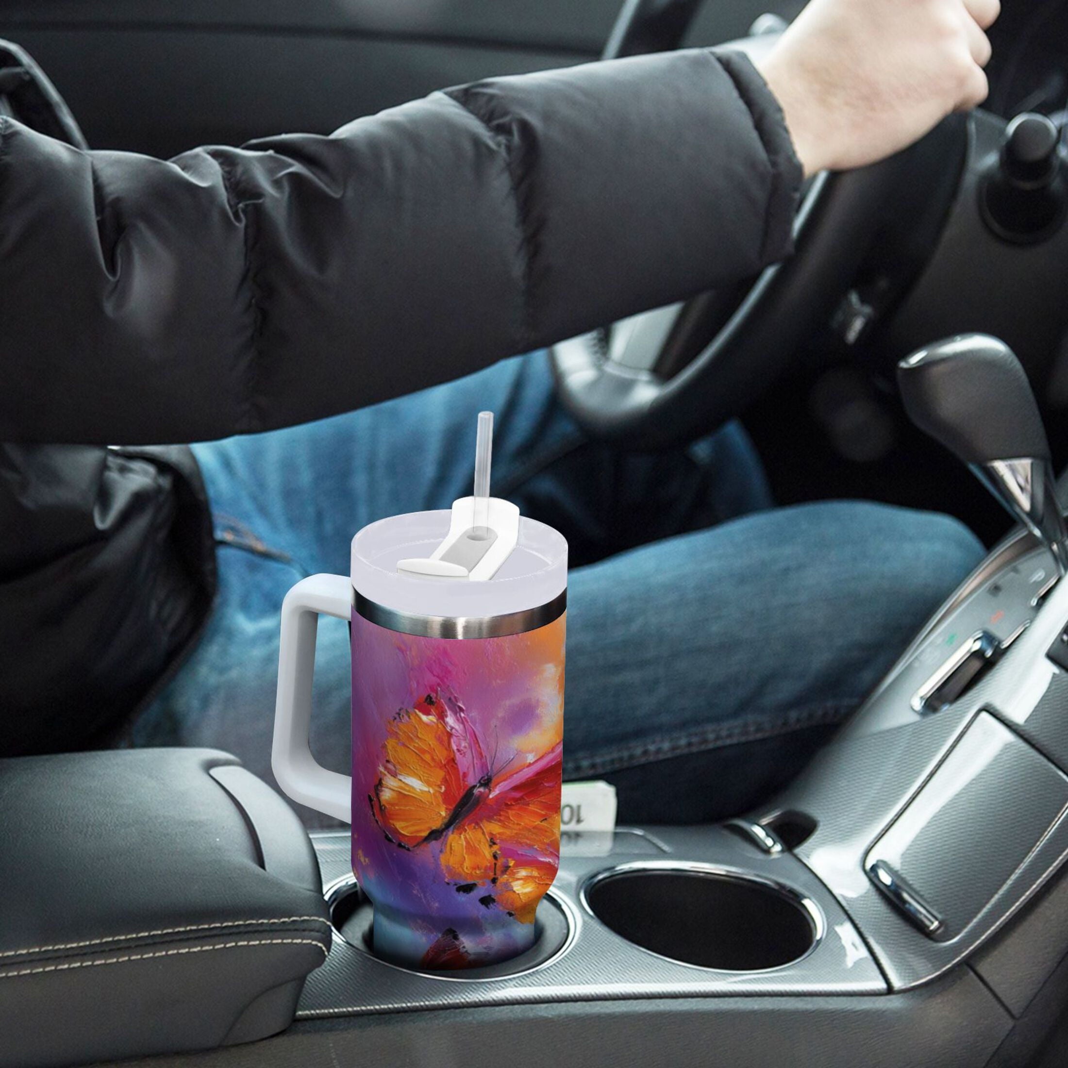 30 oz Insulated Stainless Steel Tumbler Double Wall Stainless Steel Tumbler with 2-Way Drinking Red and Orange Butterflies
