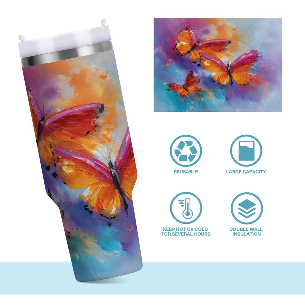 30 oz Insulated Stainless Steel Tumbler Double Wall Stainless Steel Tumbler with 2-Way Drinking Red and Orange Butterflies