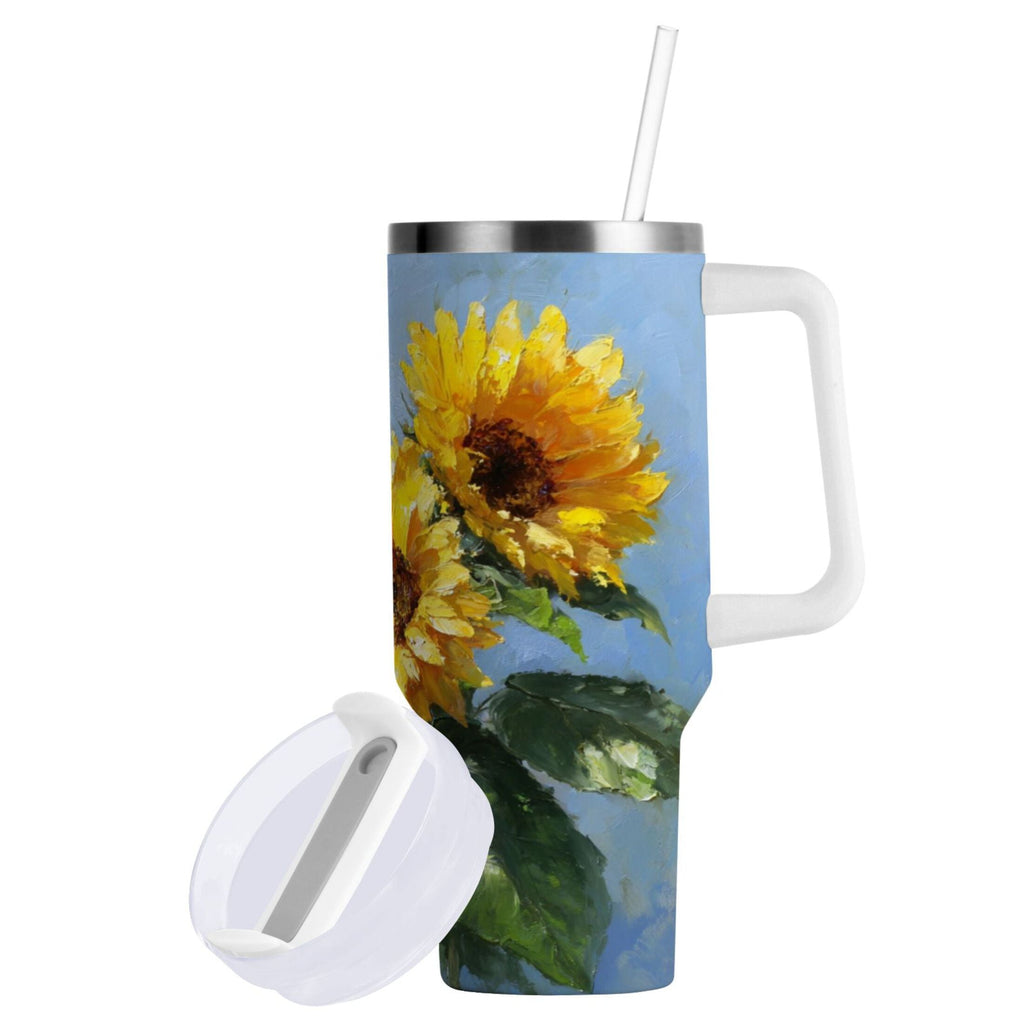 40 oz Insulated Stainless Steel Tumbler Double Wall Stainless Steel Tumbler with 2-Way Drinking Sunflowers Painting
