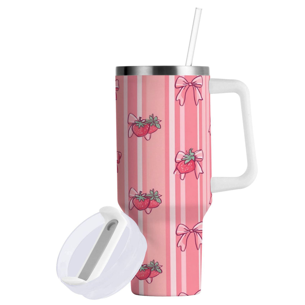 30 oz Insulated Stainless Steel Tumbler Double Wall Stainless Steel Tumbler with 2-Way Drinking Pink Bows and Strawberries
