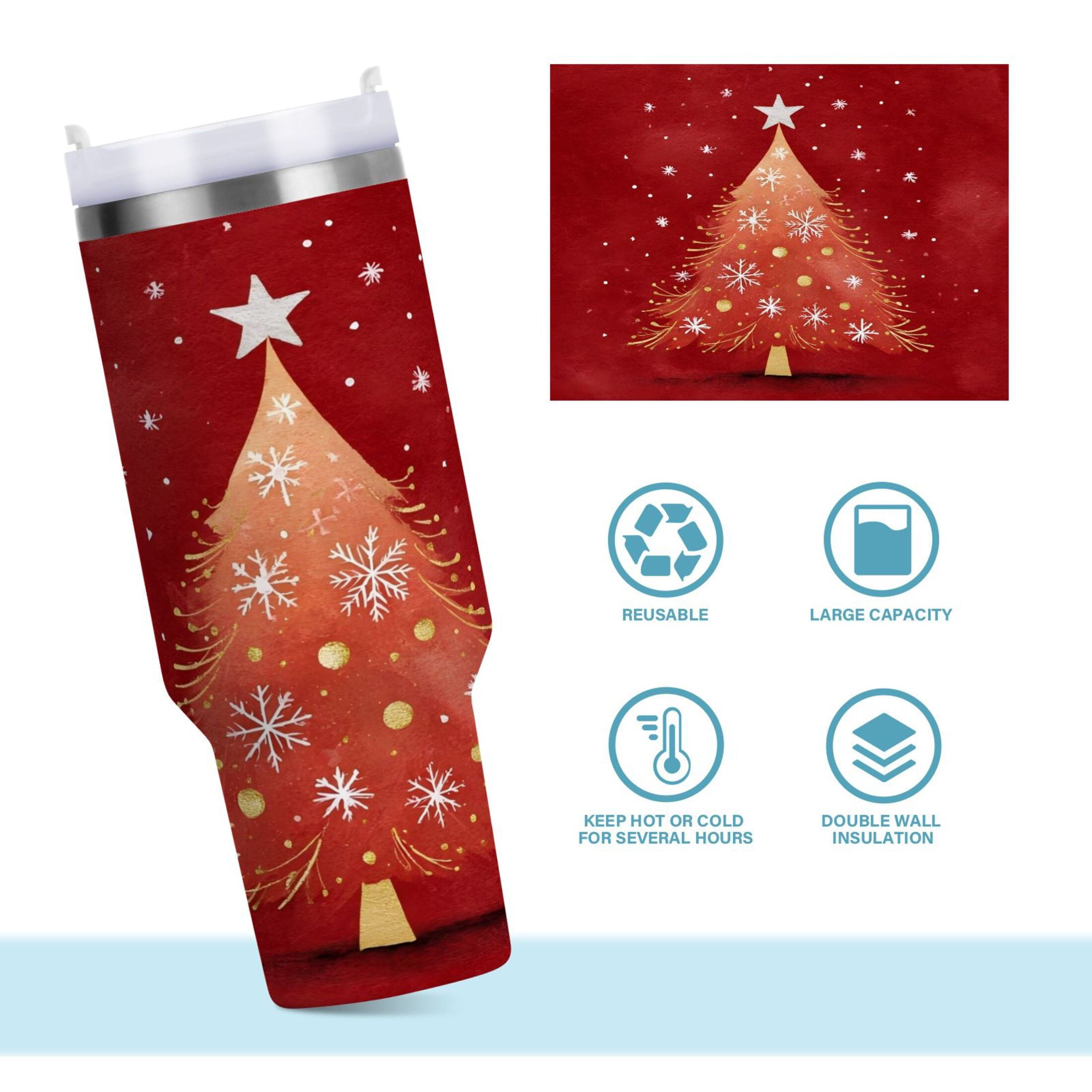 40 oz Insulated Stainless Steel Tumbler Double Wall Stainless Steel Tumbler with 2-Way Drinking Red Christmas Tree