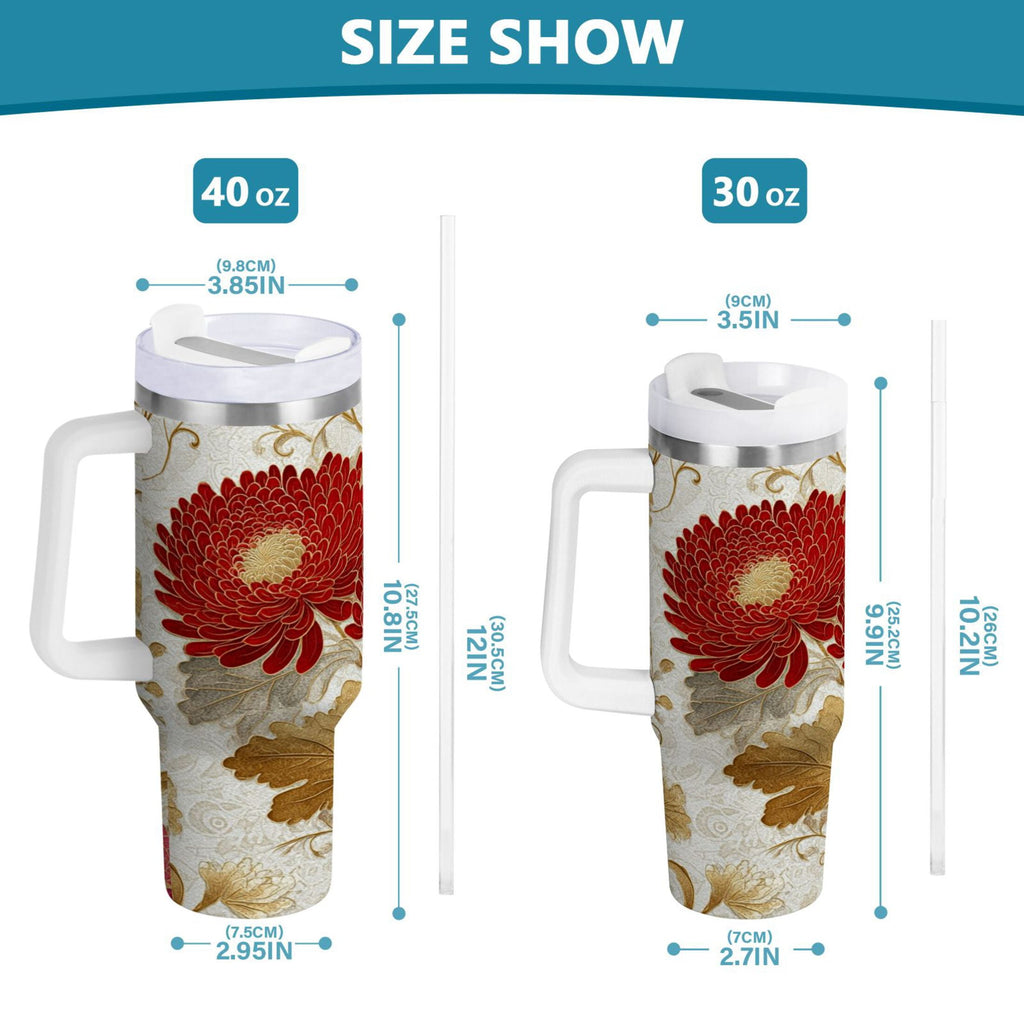 30 oz Insulated Stainless Steel Tumbler Double Wall Stainless Steel Tumbler with 2-Way Drinking Red Chrysanthemum Pattern