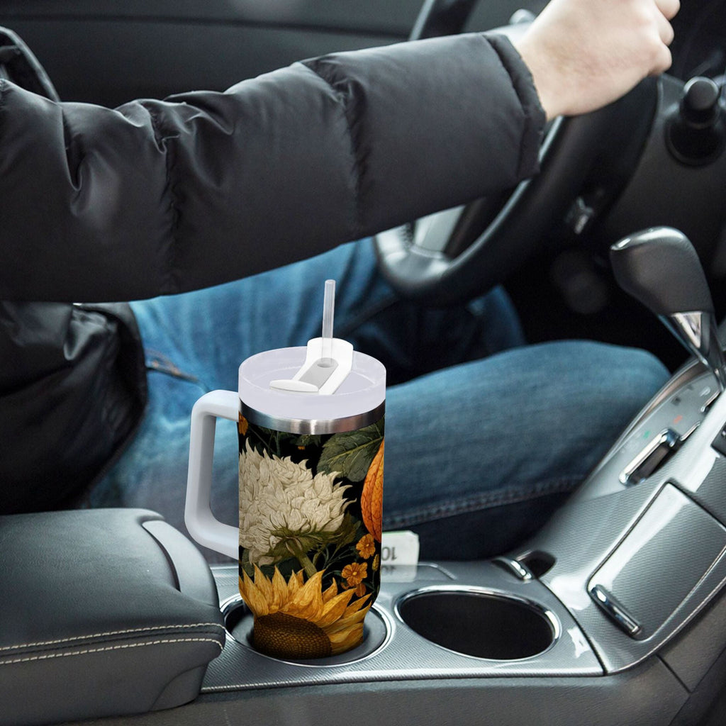 40 oz Insulated Stainless Steel Tumbler Double Wall Stainless Steel Tumbler with 2-Way Drinking Pumpkins and Sunflowers Pattern