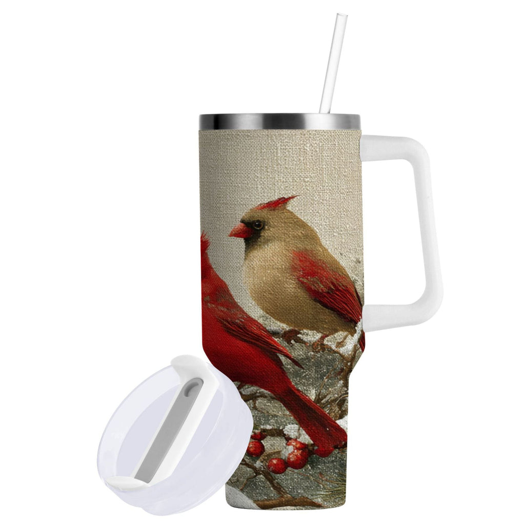 30 oz Insulated Stainless Steel Tumbler Double Wall Stainless Steel Tumbler with 2-Way Drinking Bird and Snow-covered Trees
