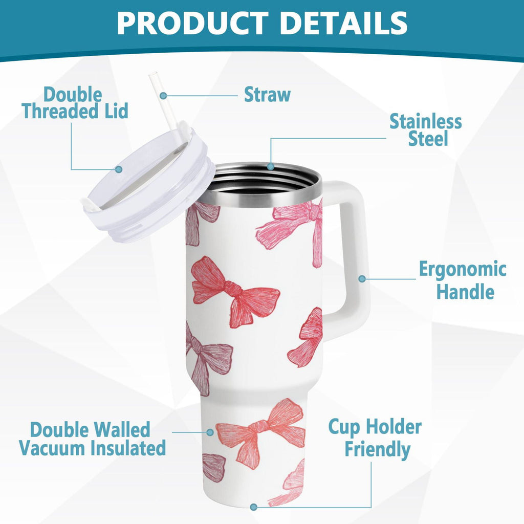 40 oz Insulated Stainless Steel Tumbler Double Wall Stainless Steel Tumbler with 2-Way Drinking Pink Bows Pattern