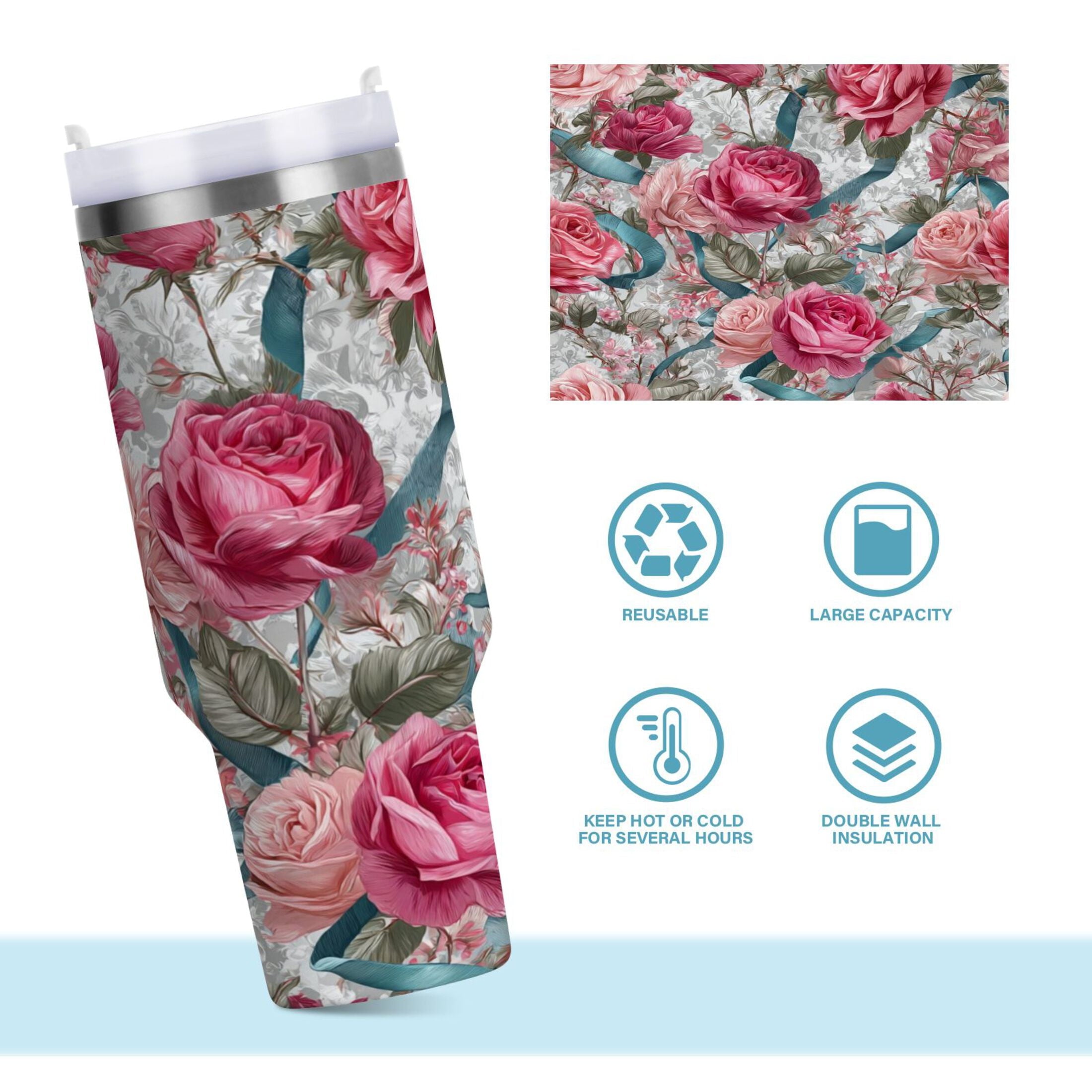 30 oz Insulated Stainless Steel Tumbler Double Wall Stainless Steel Tumbler with 2-Way Drinking Roses and Ribbons
