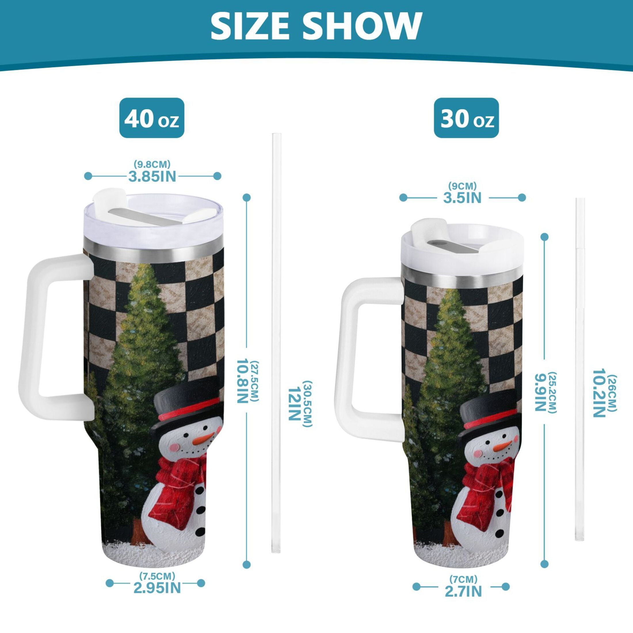 30 oz Insulated Stainless Steel Tumbler Double Wall Stainless Steel Tumbler with 2-Way Drinking Two Snowmen Pattern