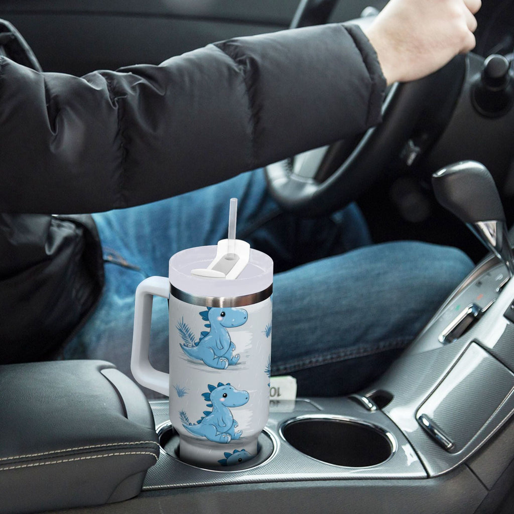 30 oz Insulated Stainless Steel Tumbler Double Wall Stainless Steel Tumbler with 2-Way Drinking Cartoon Blue Dinosaurs