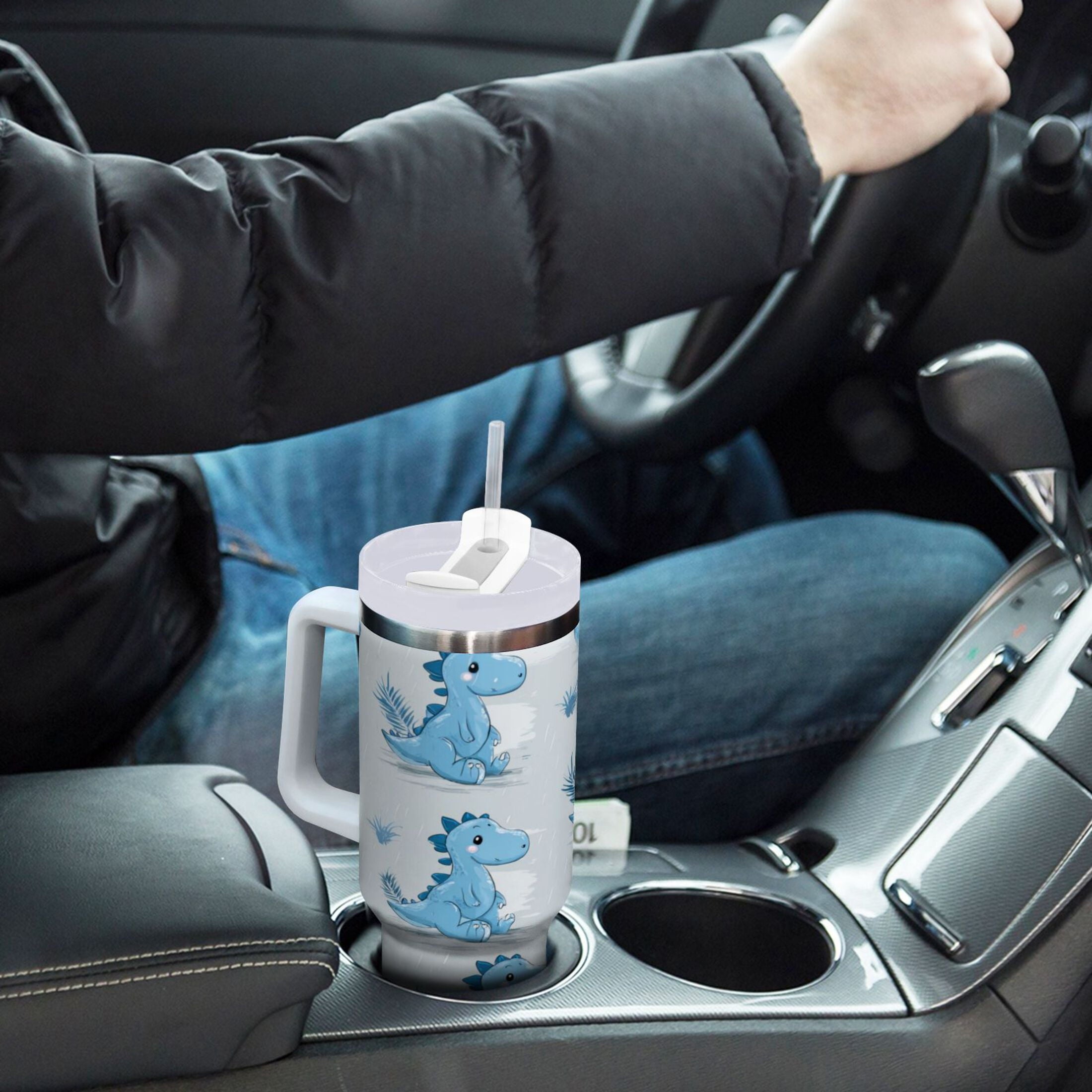 30 oz Insulated Stainless Steel Tumbler Double Wall Stainless Steel Tumbler with 2-Way Drinking Cartoon Blue Dinosaurs