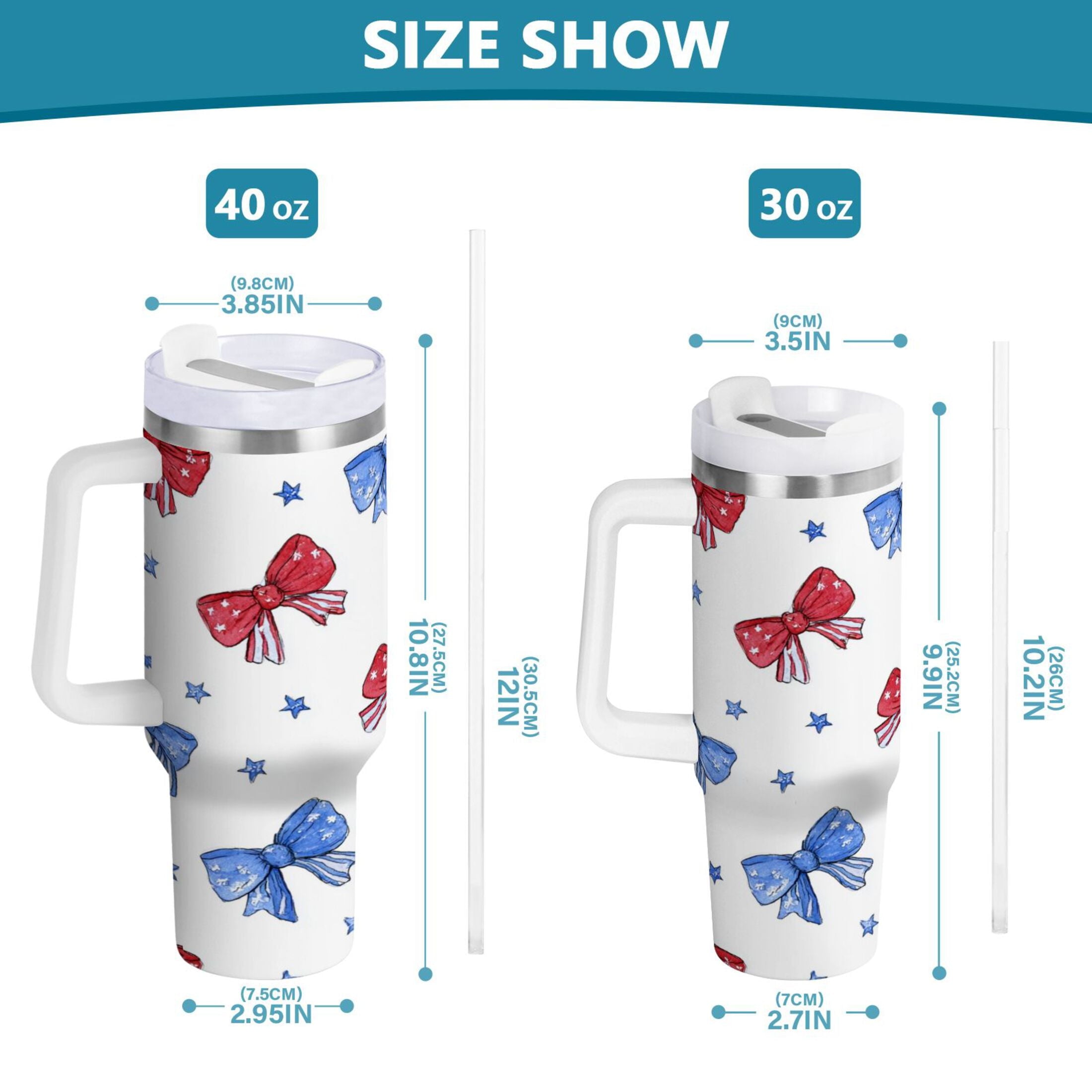 40 oz Insulated Stainless Steel Tumbler Double Wall Stainless Steel Tumbler with 2-Way Drinking Hand-drawn Bows