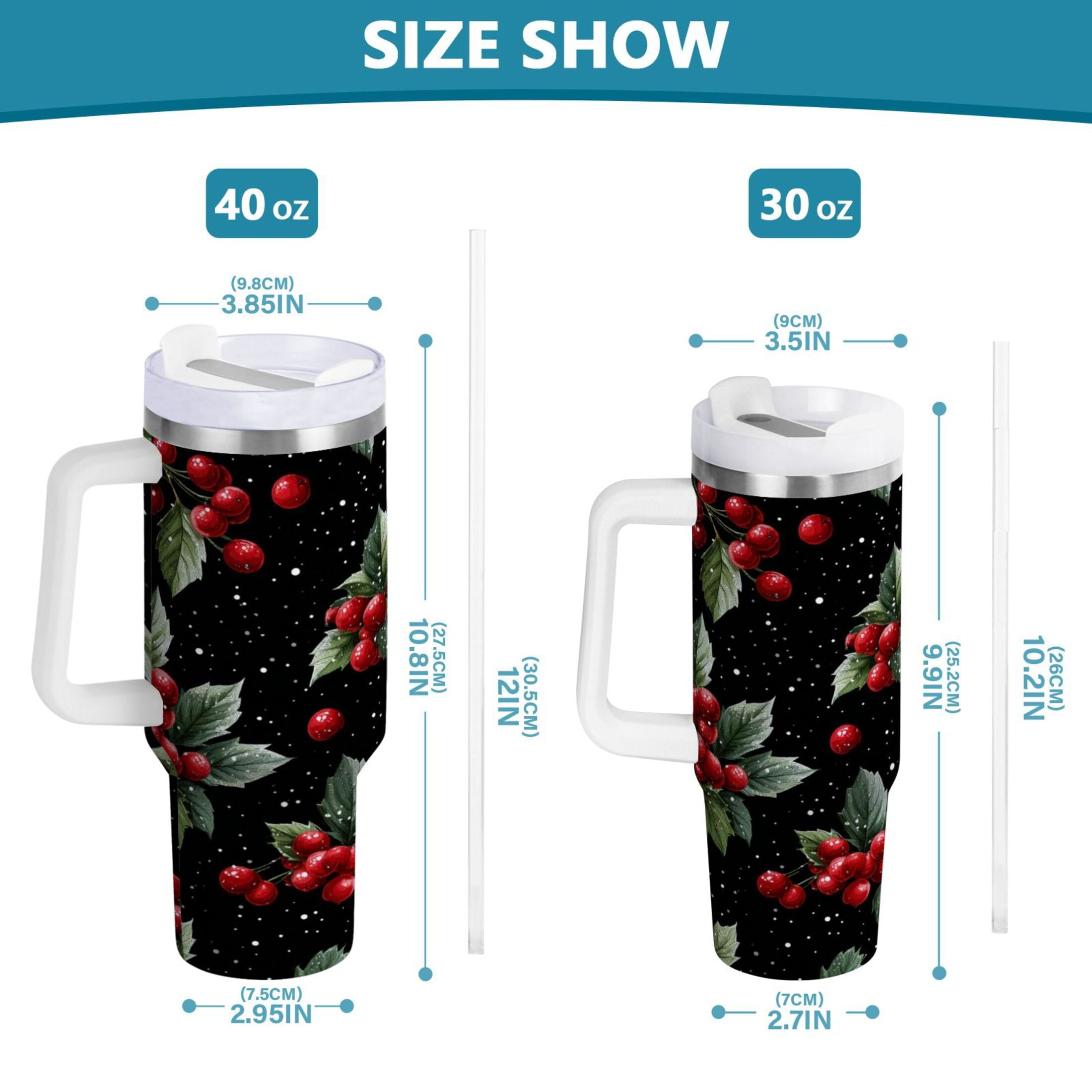 40 oz Insulated Stainless Steel Tumbler Double Wall Stainless Steel Tumbler with 2-Way Drinking Red Holly Berries Pattern