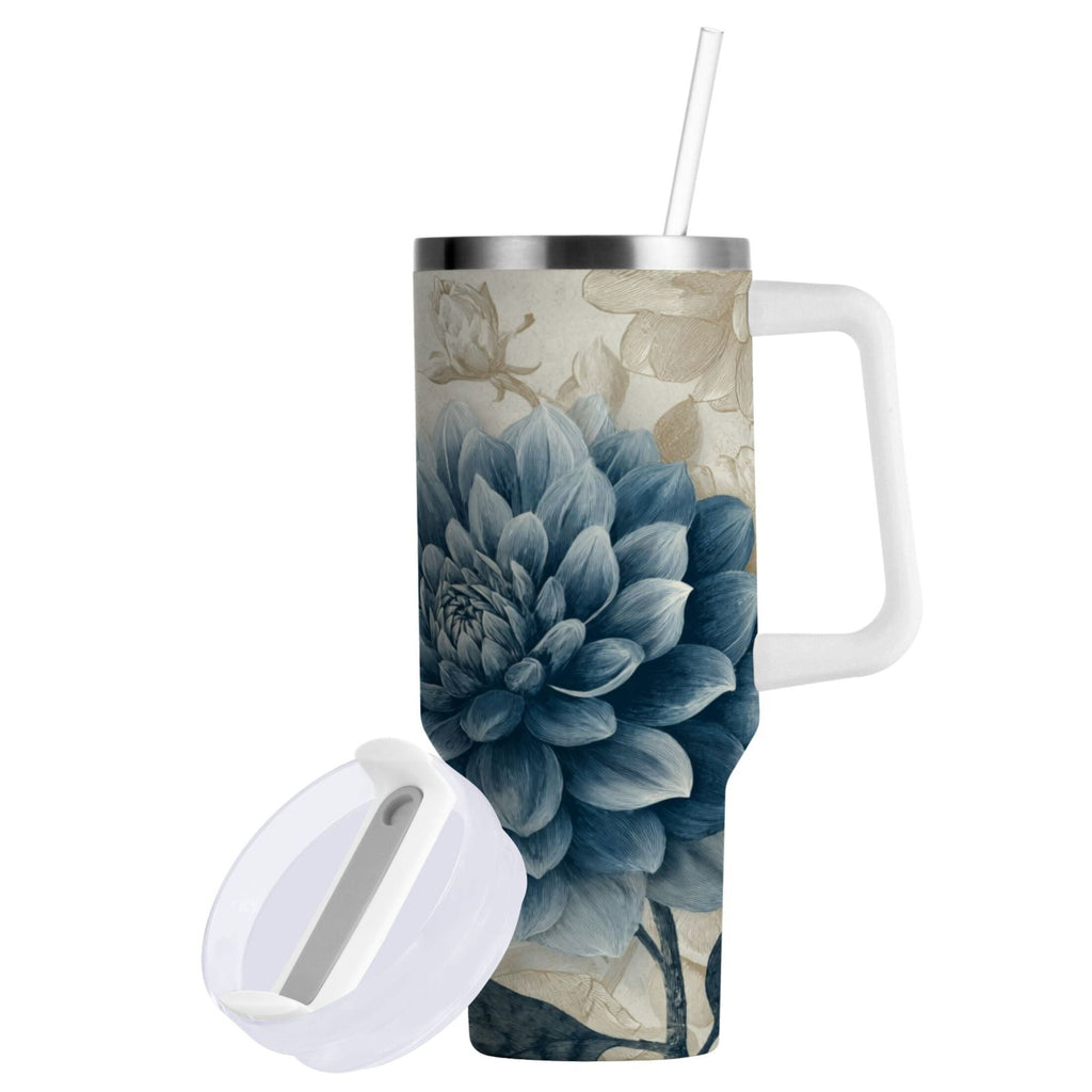 40 oz Insulated Stainless Steel Tumbler Double Wall Stainless Steel Tumbler with 2-Way Drinking Blue Flower with Butterflies