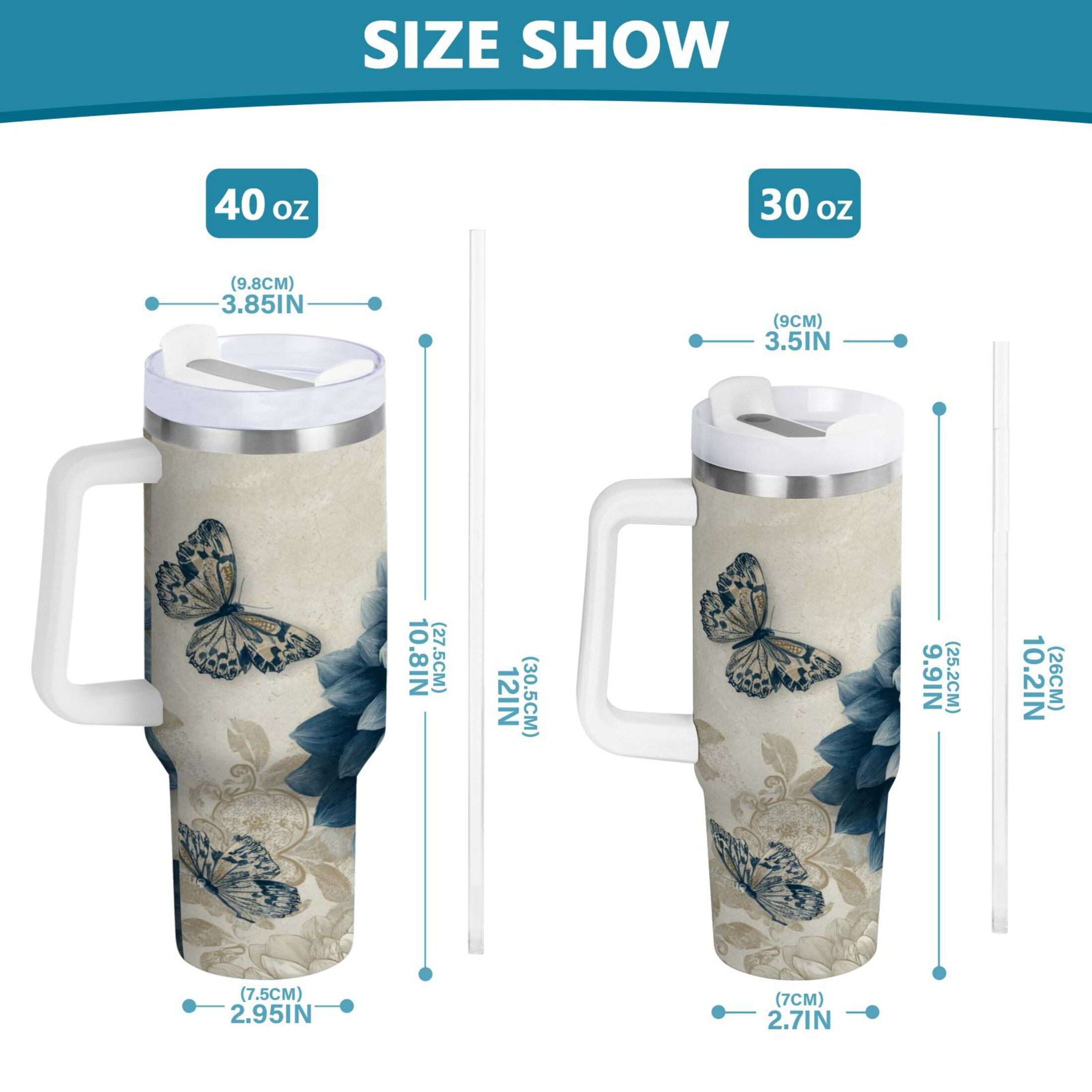 40 oz Insulated Stainless Steel Tumbler Double Wall Stainless Steel Tumbler with 2-Way Drinking Blue Flower with Butterflies