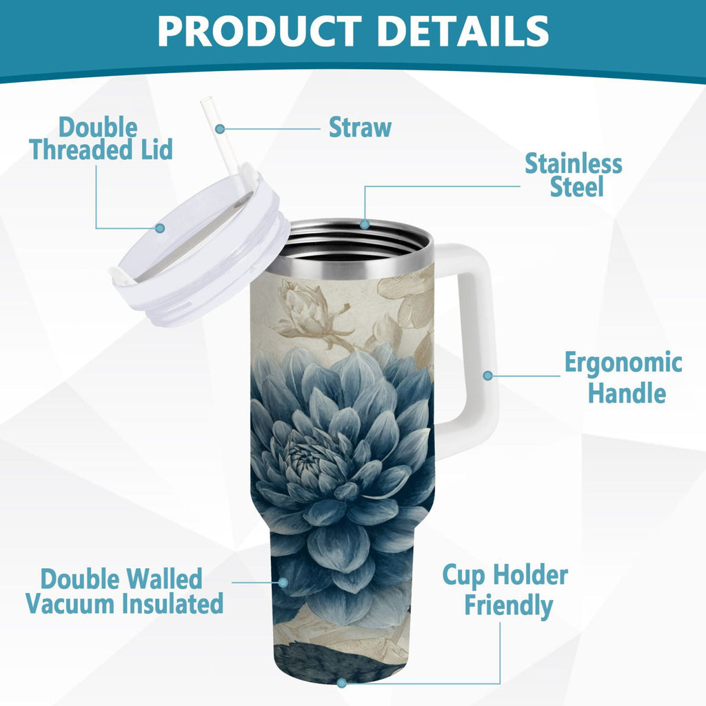 40 oz Insulated Stainless Steel Tumbler Double Wall Stainless Steel Tumbler with 2-Way Drinking Blue Flower with Butterflies