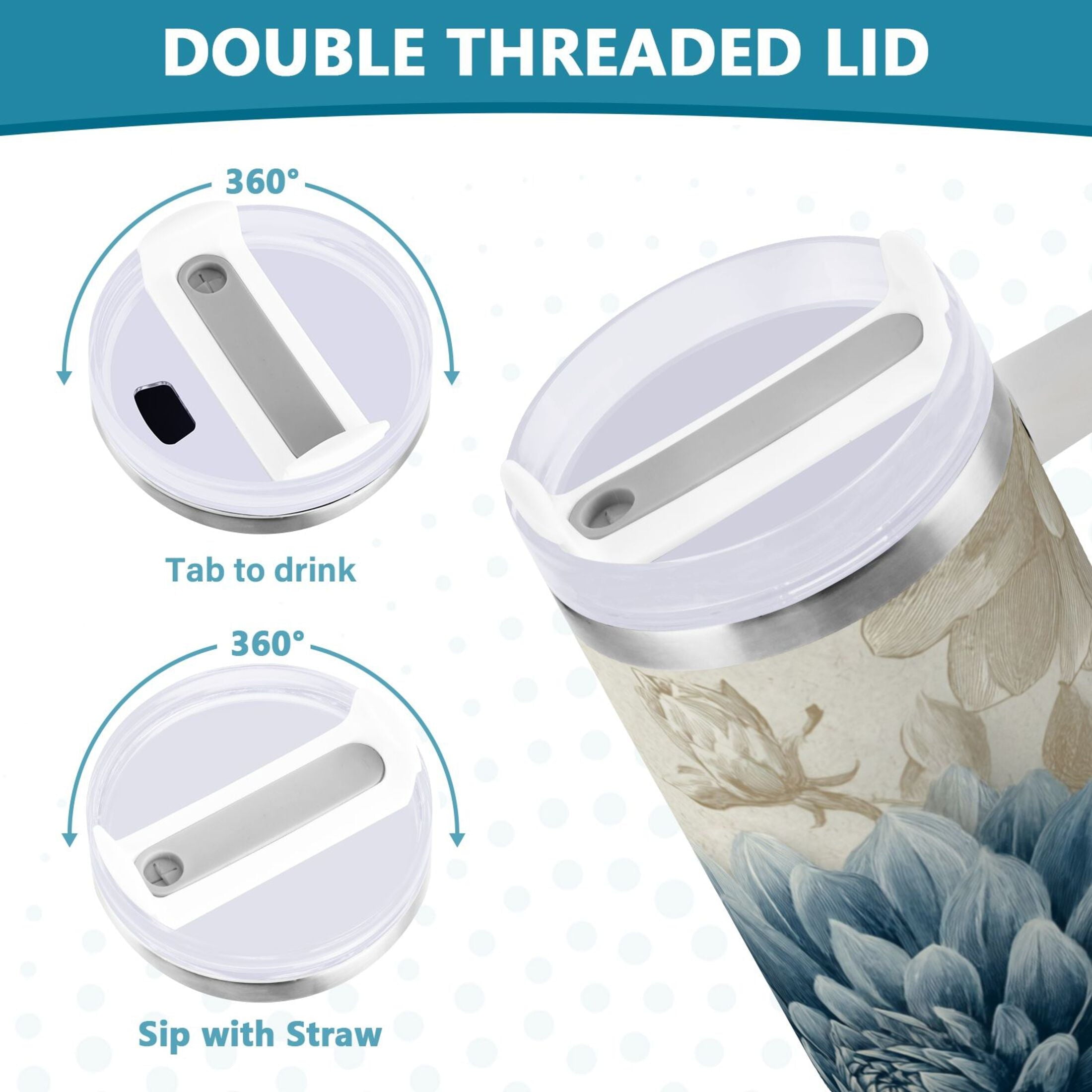 40 oz Insulated Stainless Steel Tumbler Double Wall Stainless Steel Tumbler with 2-Way Drinking Blue Flower with Butterflies