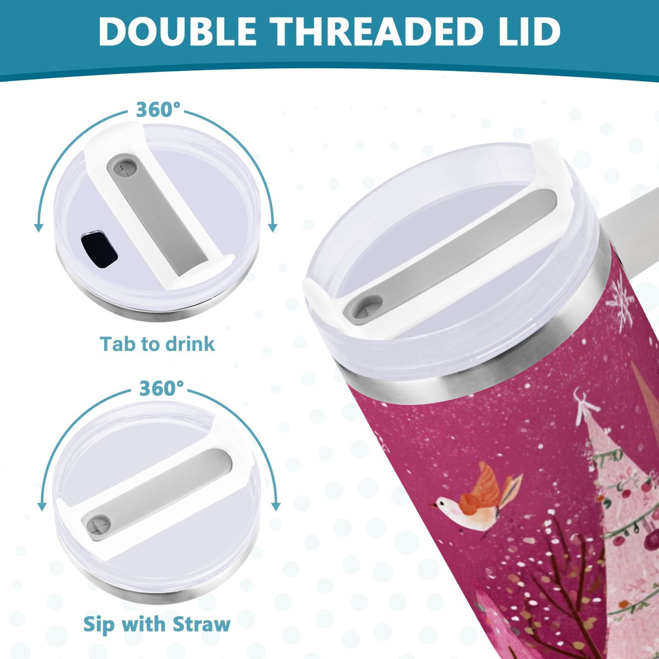 40 oz Insulated Stainless Steel Tumbler Double Wall Stainless Steel Tumbler with 2-Way Drinking Pink Christmas Forest