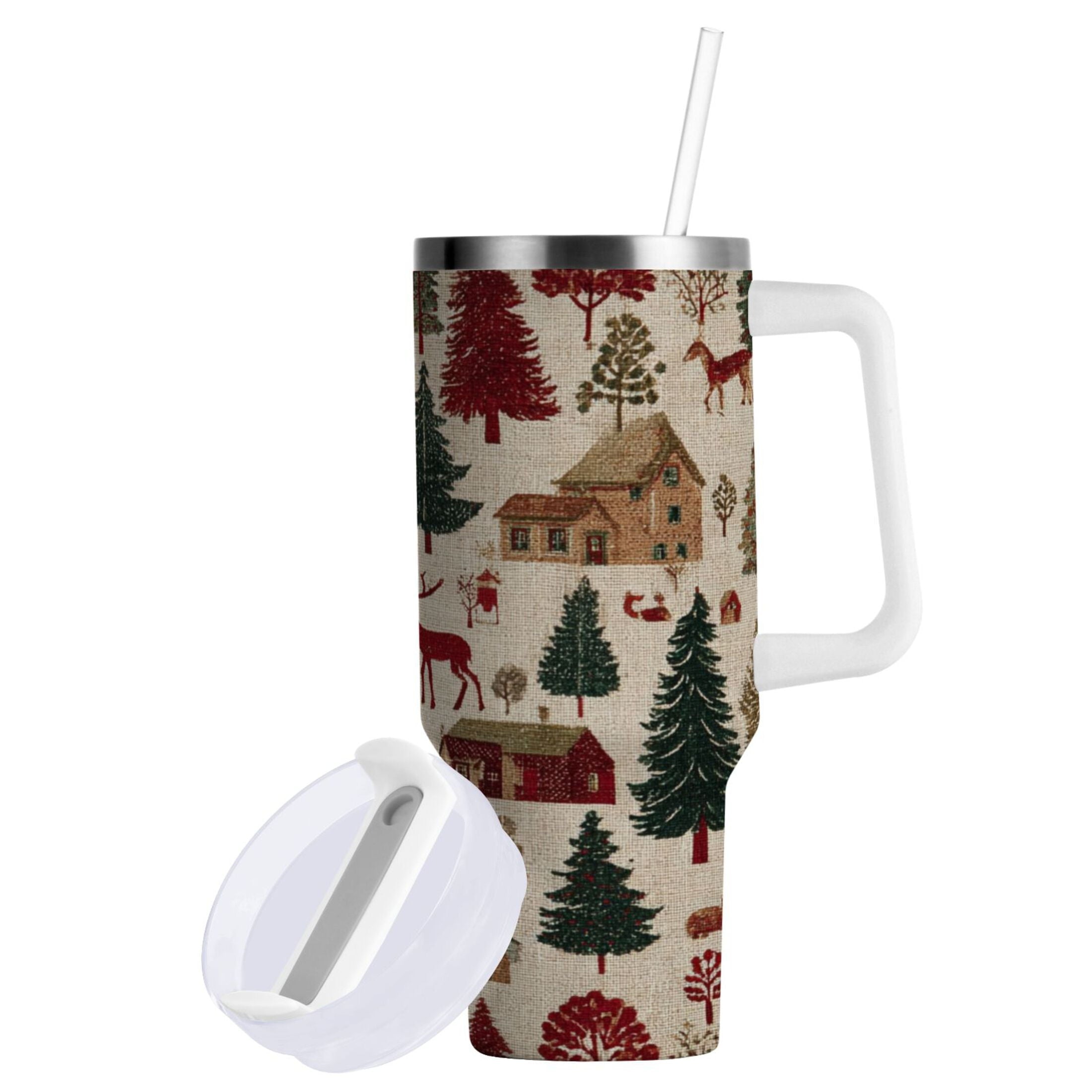 30 oz Insulated Stainless Steel Tumbler Double Wall Stainless Steel Tumbler with 2-Way Drinking Christmas Trees Deer and Houses