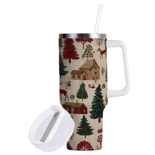30 oz Insulated Stainless Steel Tumbler Double Wall Stainless Steel Tumbler with 2-Way Drinking Christmas Trees Deer and Houses