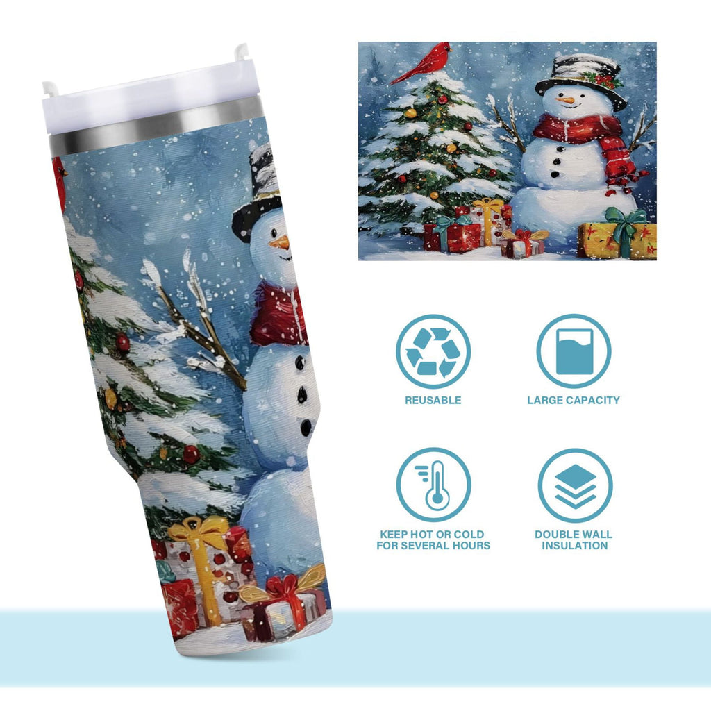 30 oz Insulated Stainless Steel Tumbler Double Wall Stainless Steel Tumbler with 2-Way Drinking Christmas Scene with Snowman