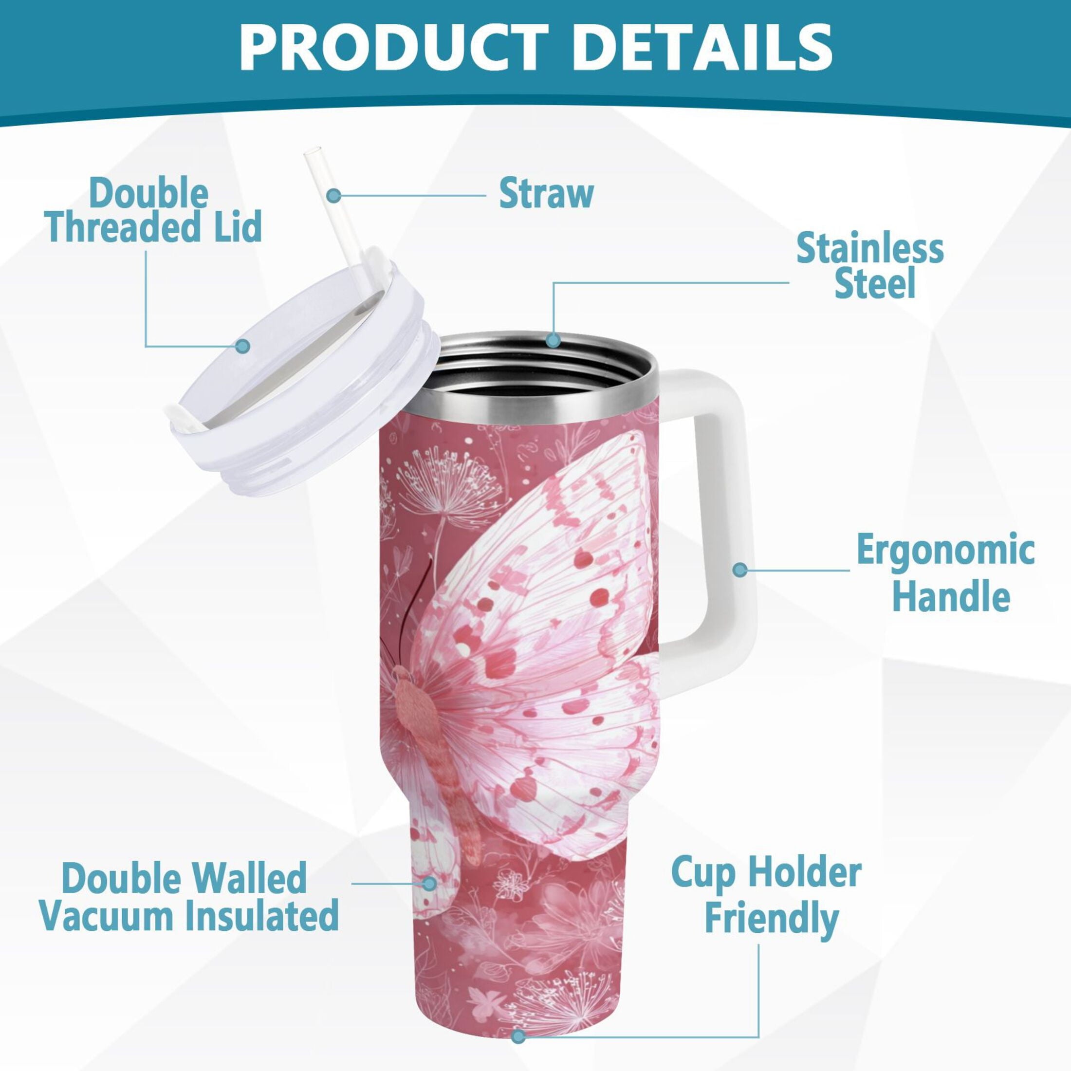 30 oz Insulated Stainless Steel Tumbler Double Wall Stainless Steel Tumbler with 2-Way Drinking Soft Pink Butterfly