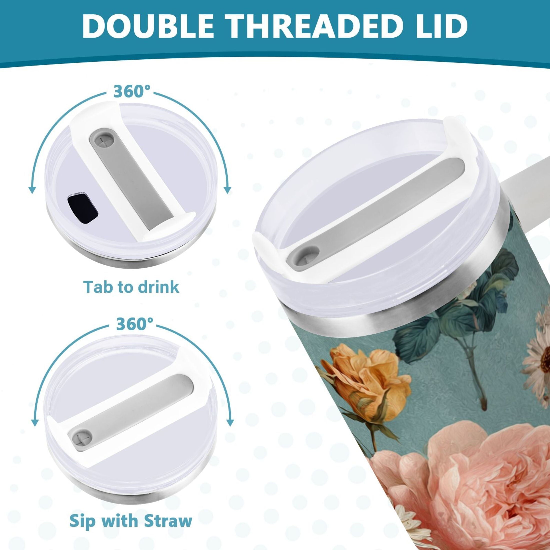 30 oz Insulated Stainless Steel Tumbler Double Wall Stainless Steel Tumbler with 2-Way Drinking Vintage Roses and Peonies