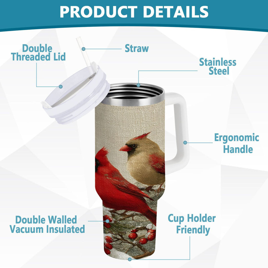 30 oz Insulated Stainless Steel Tumbler Double Wall Stainless Steel Tumbler with 2-Way Drinking Bird and Snow-covered Trees