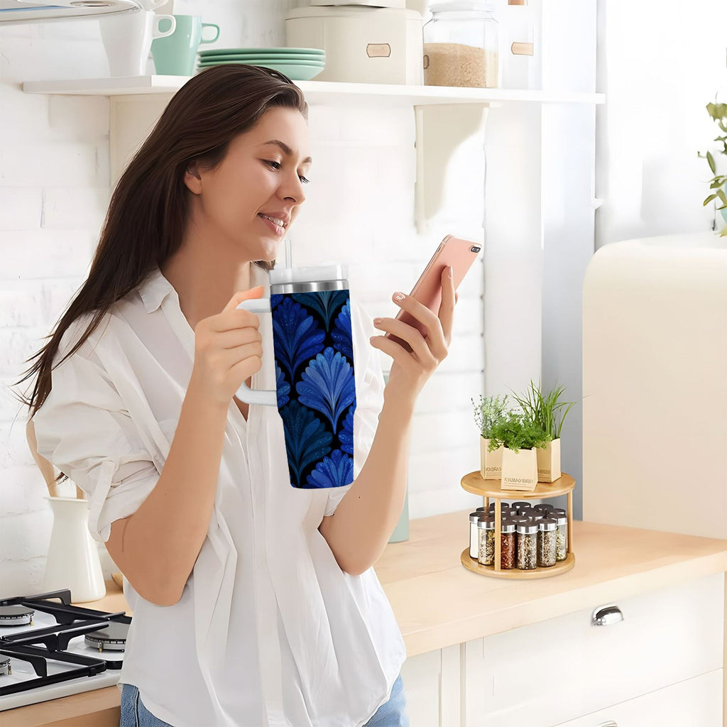 30 oz Insulated Stainless Steel Tumbler Double Wall Stainless Steel Tumbler with 2-Way Drinking Blue Batik Leaves Pattern