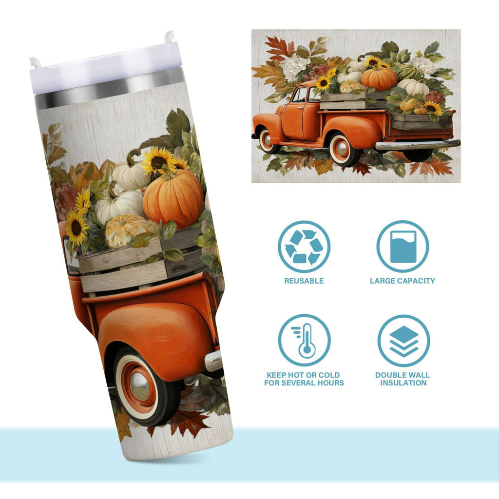 40 oz Insulated Stainless Steel Tumbler Double Wall Stainless Steel Tumbler with 2-Way Drinking Truck Full Of Pumpkins