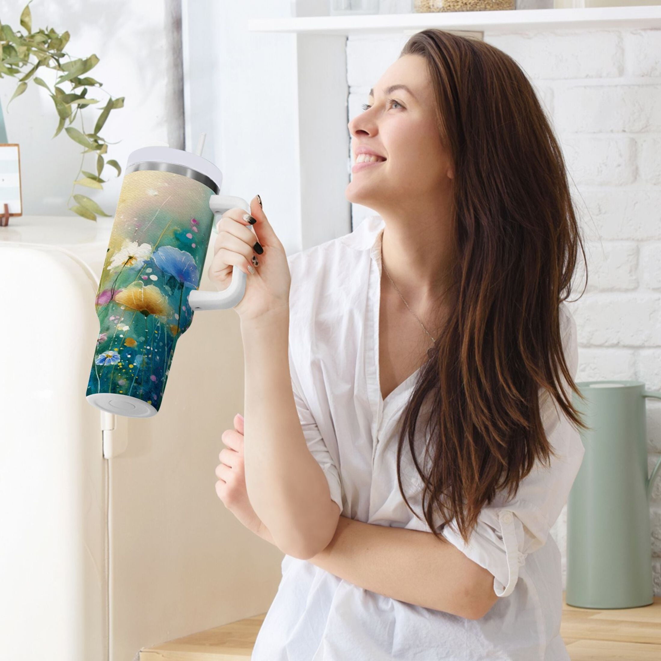 30 oz Insulated Stainless Steel Tumbler Double Wall Stainless Steel Tumbler with 2-Way Drinking Watercolor Wildflowers