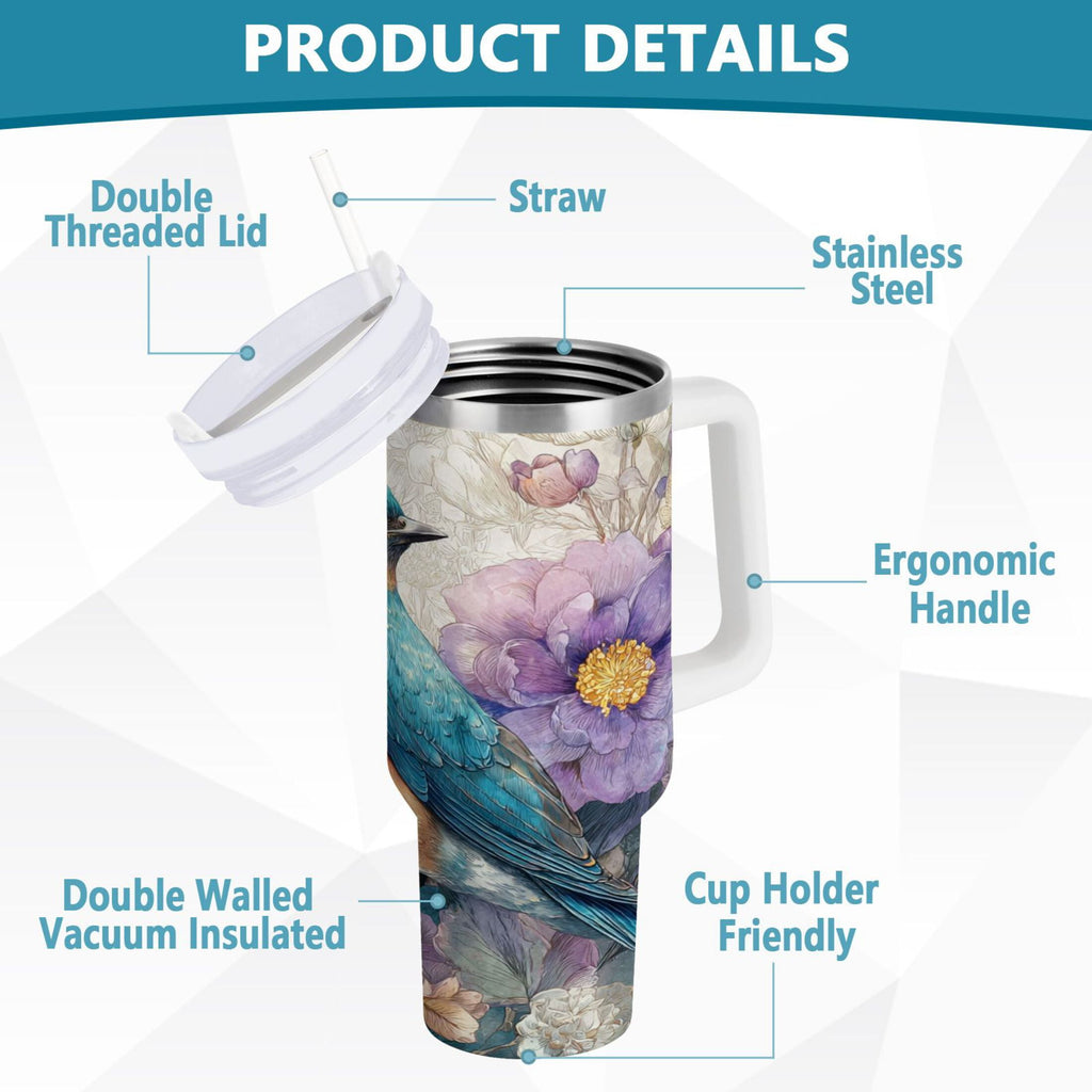 30 oz Insulated Stainless Steel Tumbler Double Wall Stainless Steel Tumbler with 2-Way Drinking Bluebird and Flower