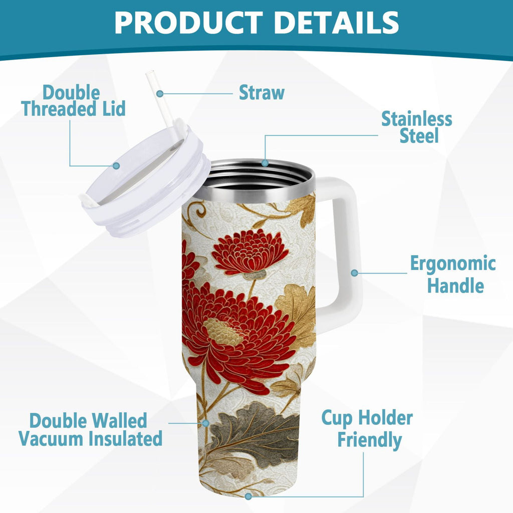 30 oz Insulated Stainless Steel Tumbler Double Wall Stainless Steel Tumbler with 2-Way Drinking Red Chrysanthemum Pattern
