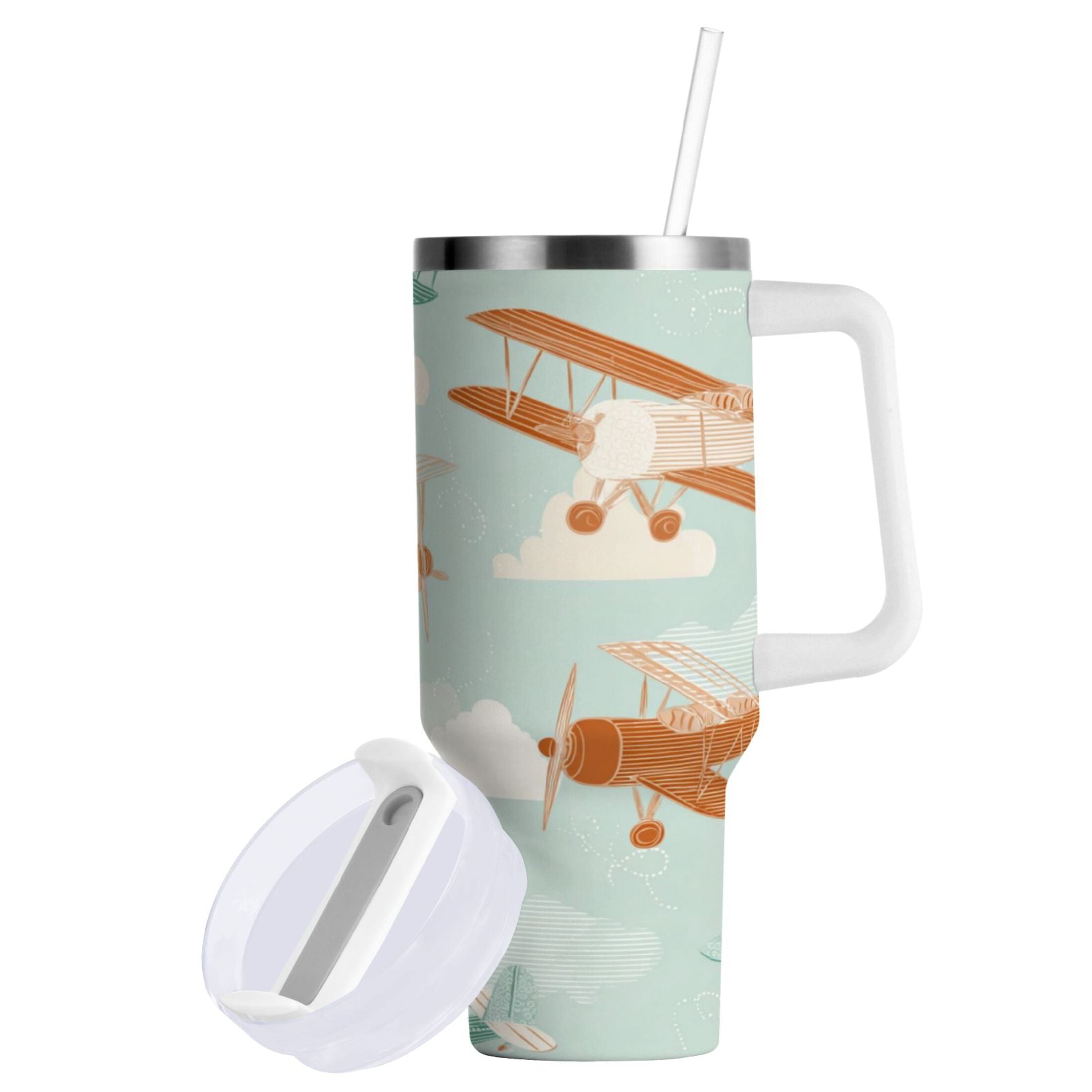 40 oz Insulated Stainless Steel Tumbler Double Wall Stainless Steel Tumbler with 2-Way Drinking Cute Airplanes