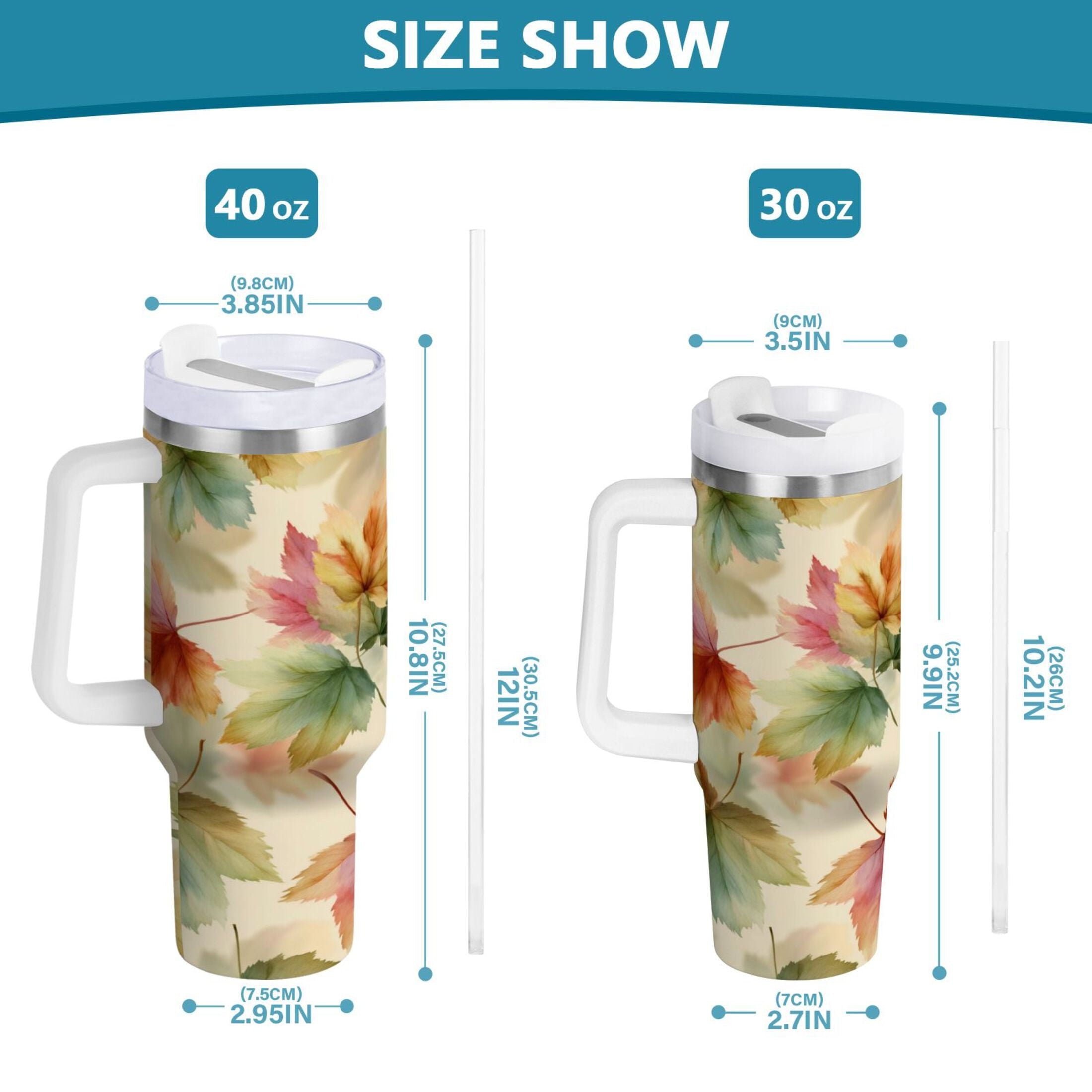 40 oz Insulated Stainless Steel Tumbler Double Wall Stainless Steel Tumbler with 2-Way Drinking Watercolor Maple Leaves Pattern