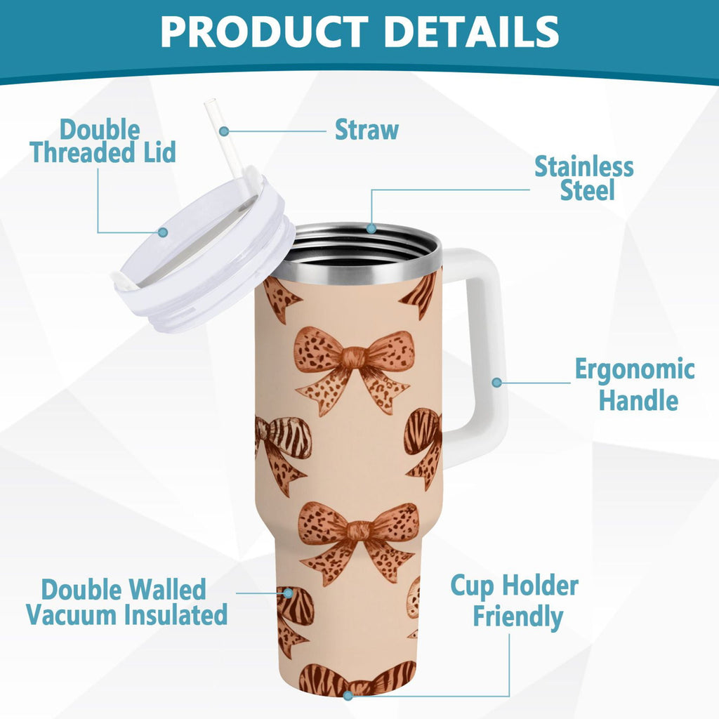 40 oz Insulated Stainless Steel Tumbler Double Wall Stainless Steel Tumbler with 2-Way Drinking Leopard Print Bow