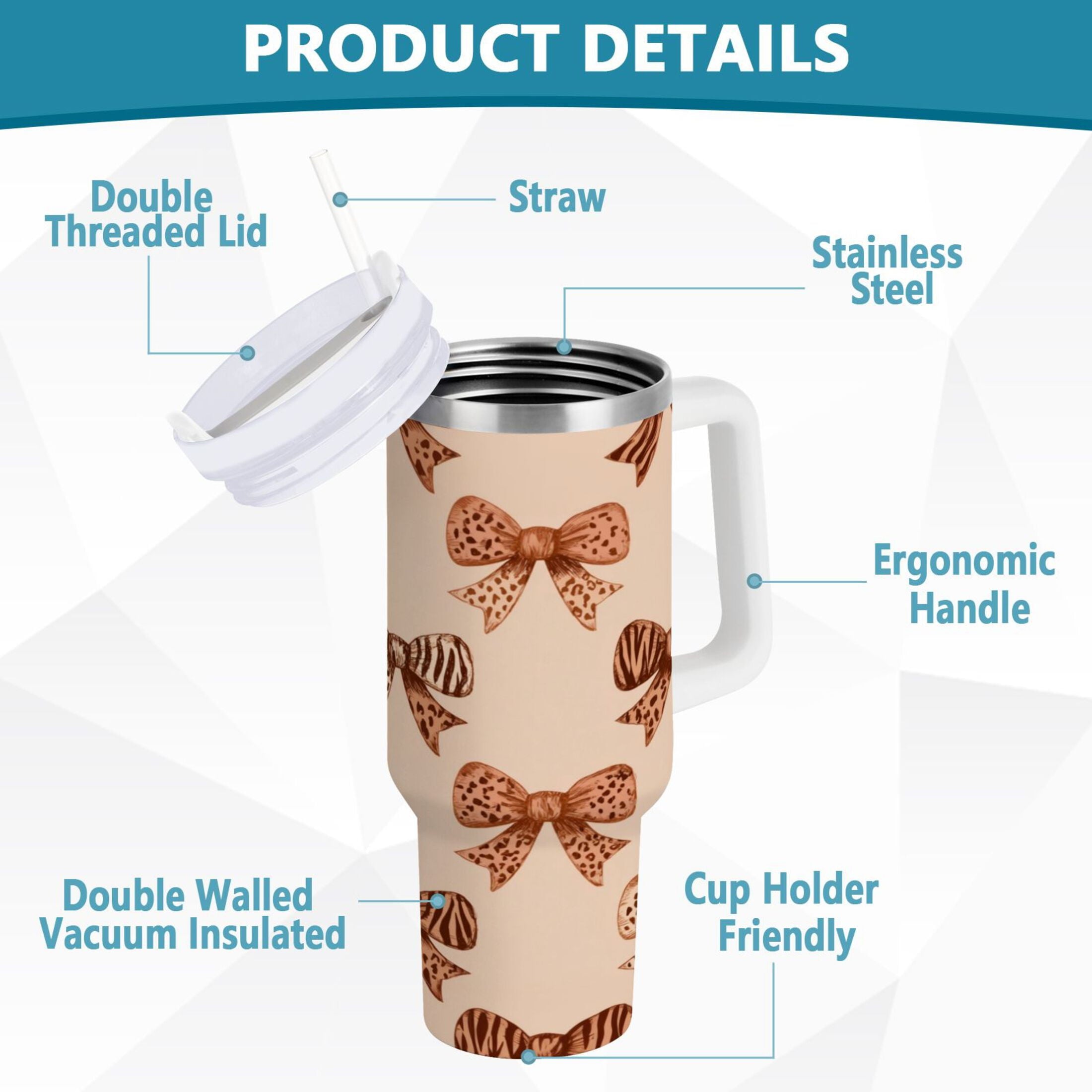 40 oz Insulated Stainless Steel Tumbler Double Wall Stainless Steel Tumbler with 2-Way Drinking Leopard Print Bow