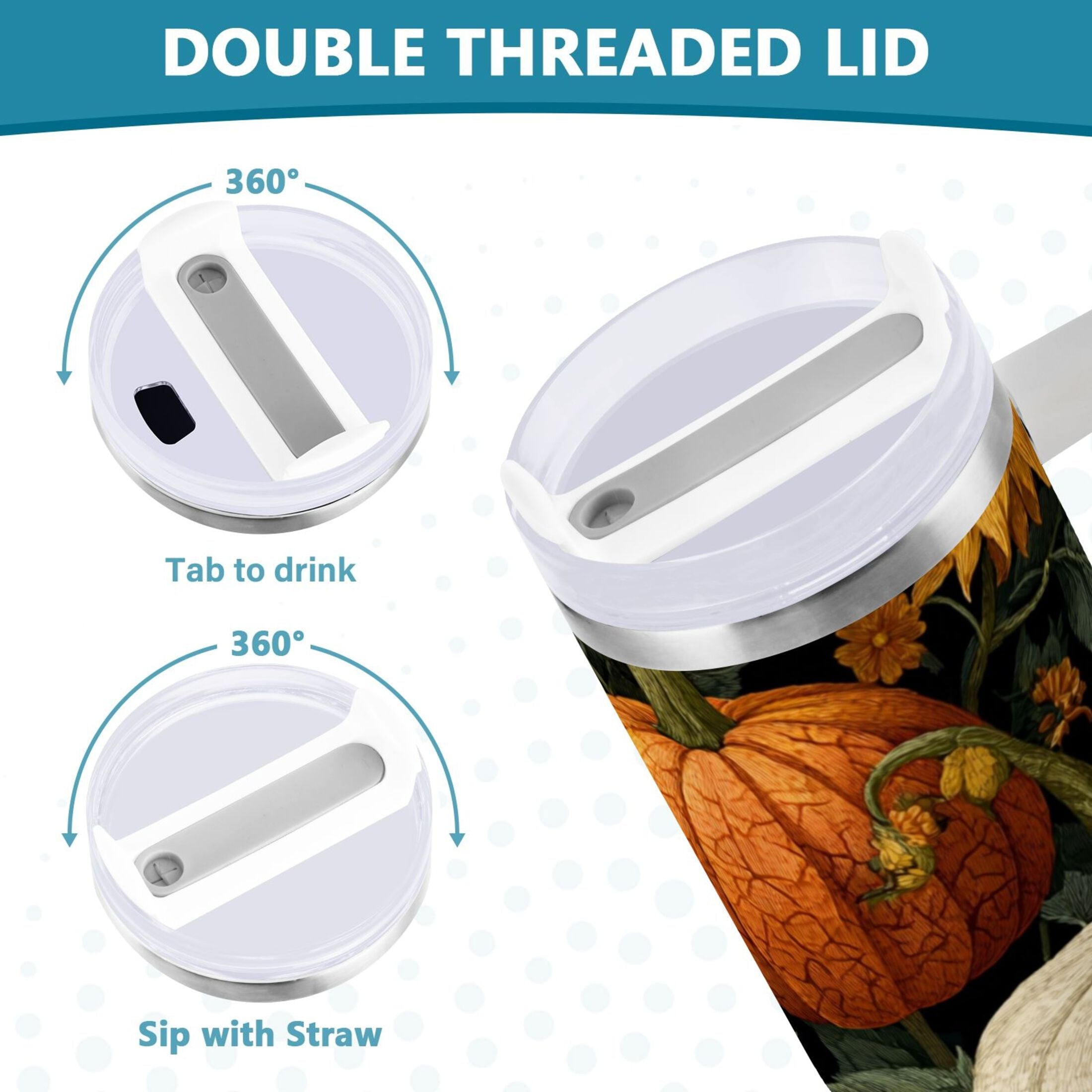 40 oz Insulated Stainless Steel Tumbler Double Wall Stainless Steel Tumbler with 2-Way Drinking Pumpkins and Sunflowers Pattern