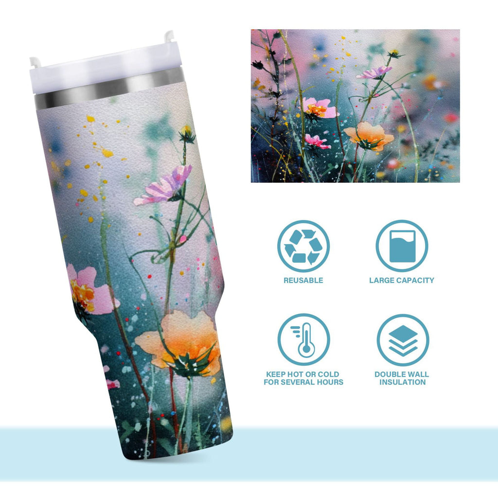 40 oz Insulated Stainless Steel Tumbler Double Wall Stainless Steel Tumbler with 2-Way Drinking Abstract Wildflowers