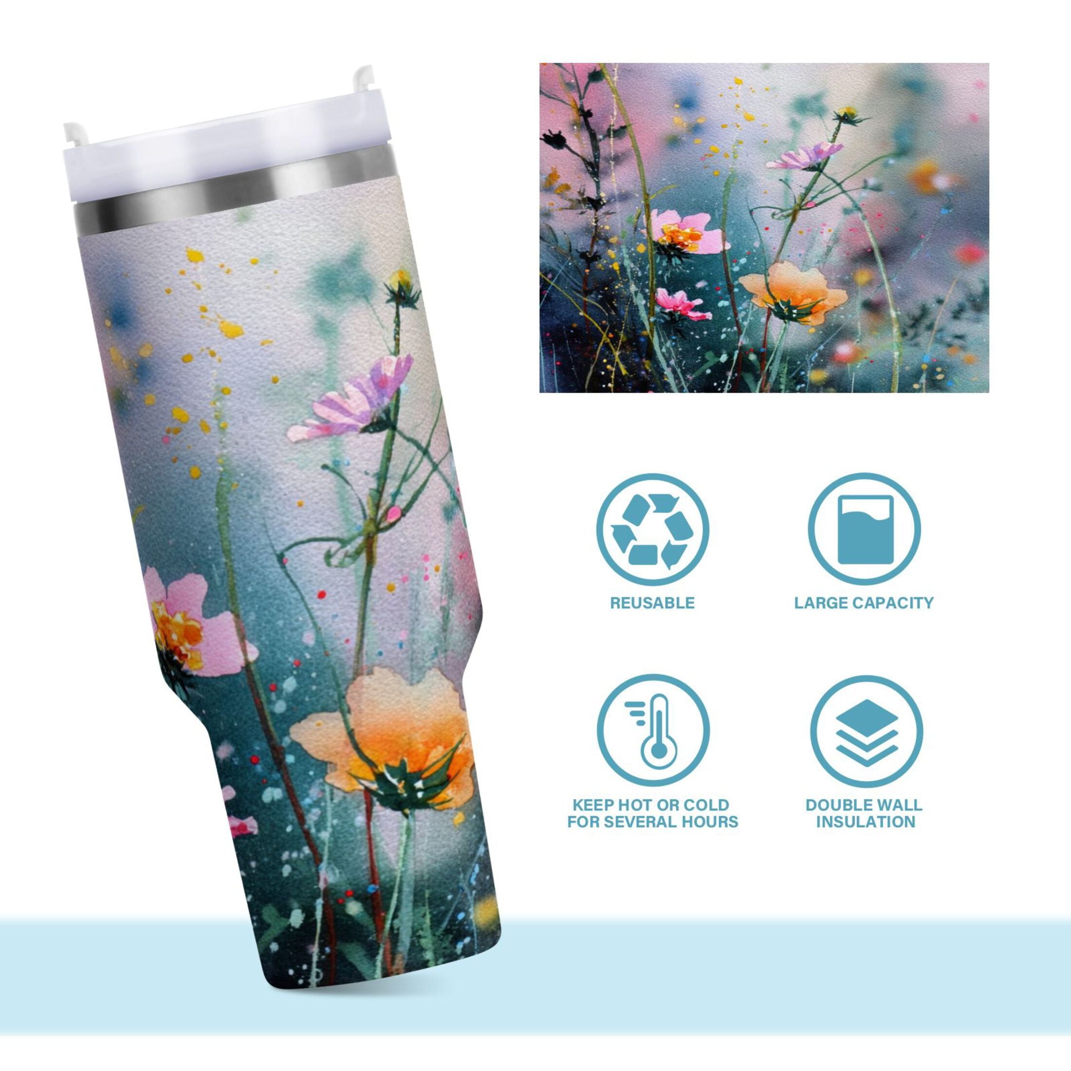 40 oz Insulated Stainless Steel Tumbler Double Wall Stainless Steel Tumbler with 2-Way Drinking Abstract Wildflowers