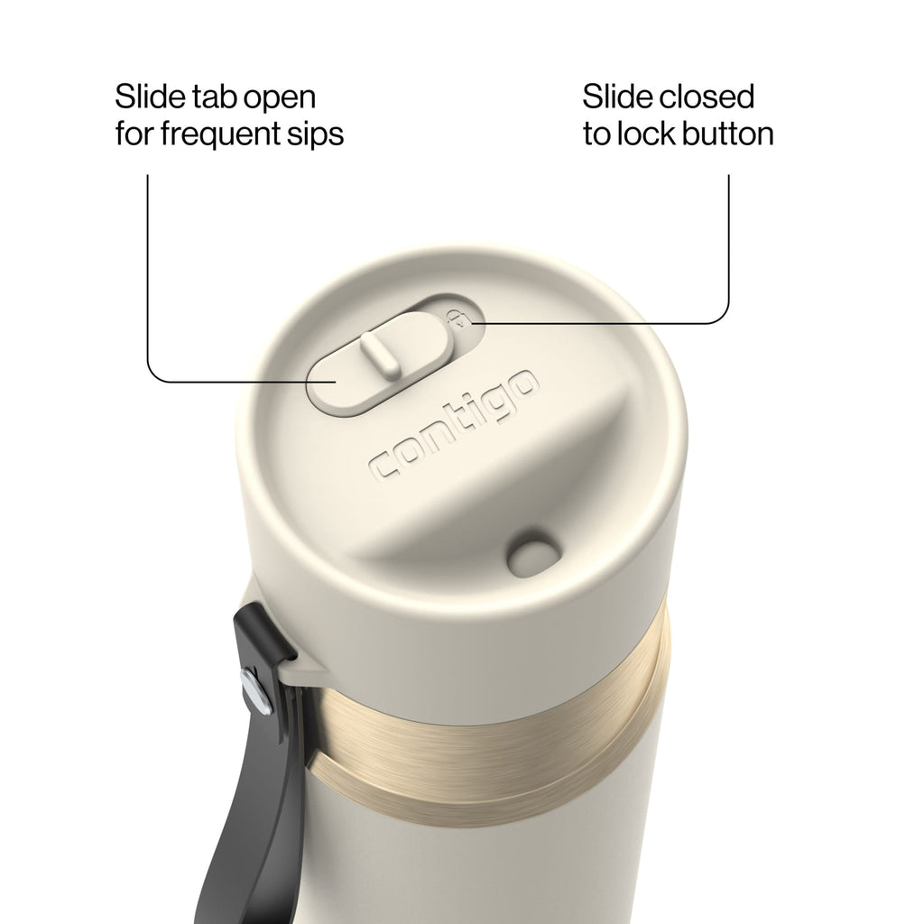 Contigo AutoSeal Leakproof Stainless Steel Reusable Water Bottle Tumbler with Carrying Strap, Cream/Champagne, 24 oz